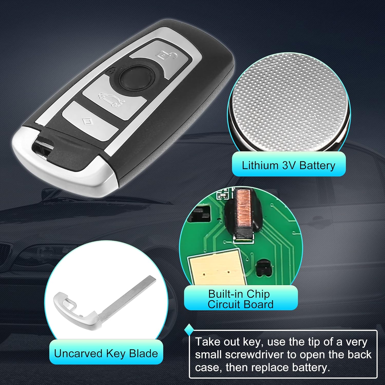 X AUTOHAUX 2pcs 315MHz KR55WK49863 Replacement Smart Proximity Keyless Entry Remote Key Fob for BMW 550i 530i 535i 520i 2009-2016 3 Buttons with Door Key PCF794 Chip - Image 4