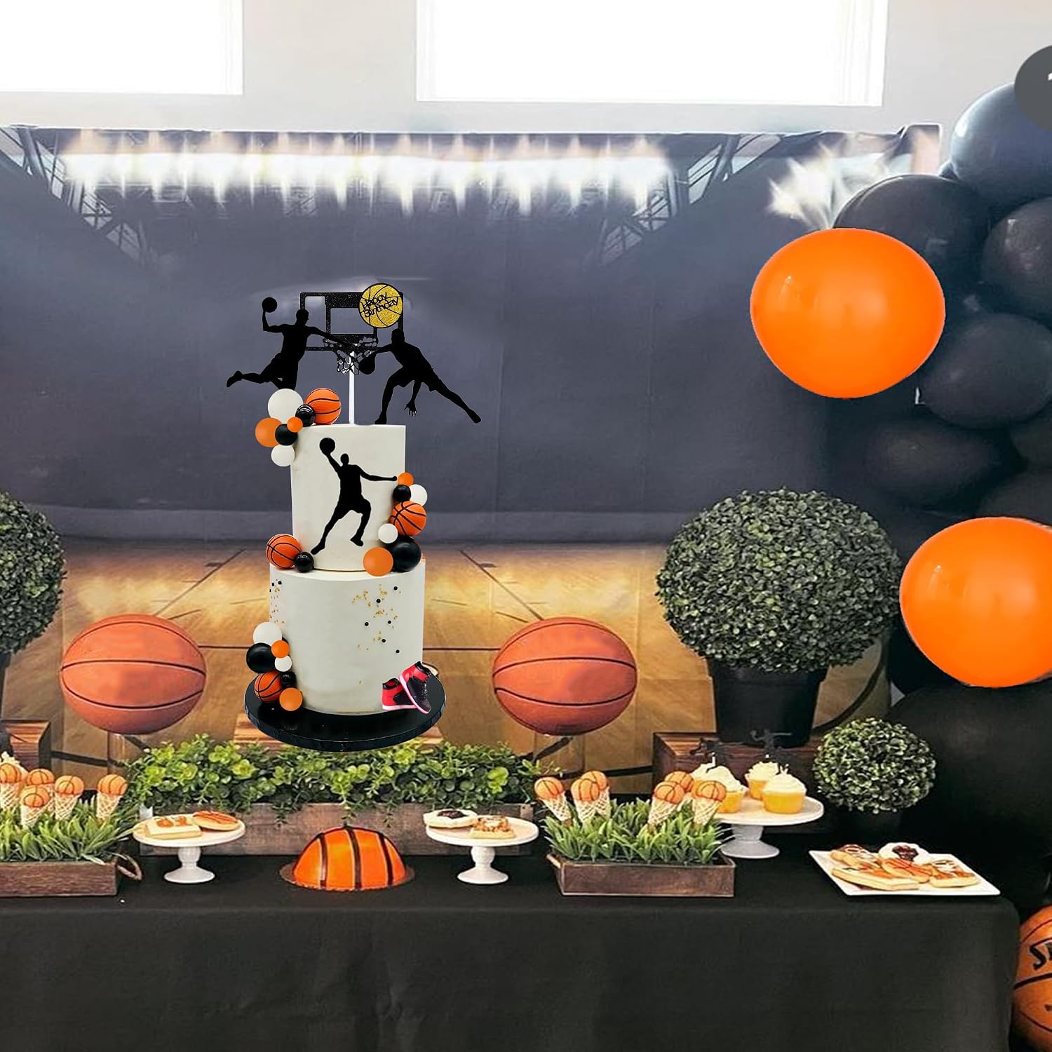 Basketball Cake Toppers Black Orange Balls Cake Decorations Basketball Theme Cake Decoration for Boy Birthday Sport Party Supplies