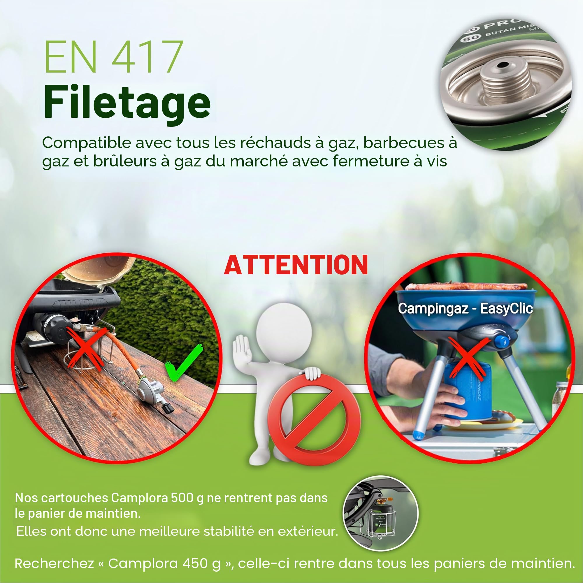 CAMPLORA Lot de 4 cartouches de gaz de 500 g avec valve à vis, propane et butane - Cartouche de gaz à visser avec filetage pour réchaud de camping et barbecue EN417 - Cartouches de gaz à visser