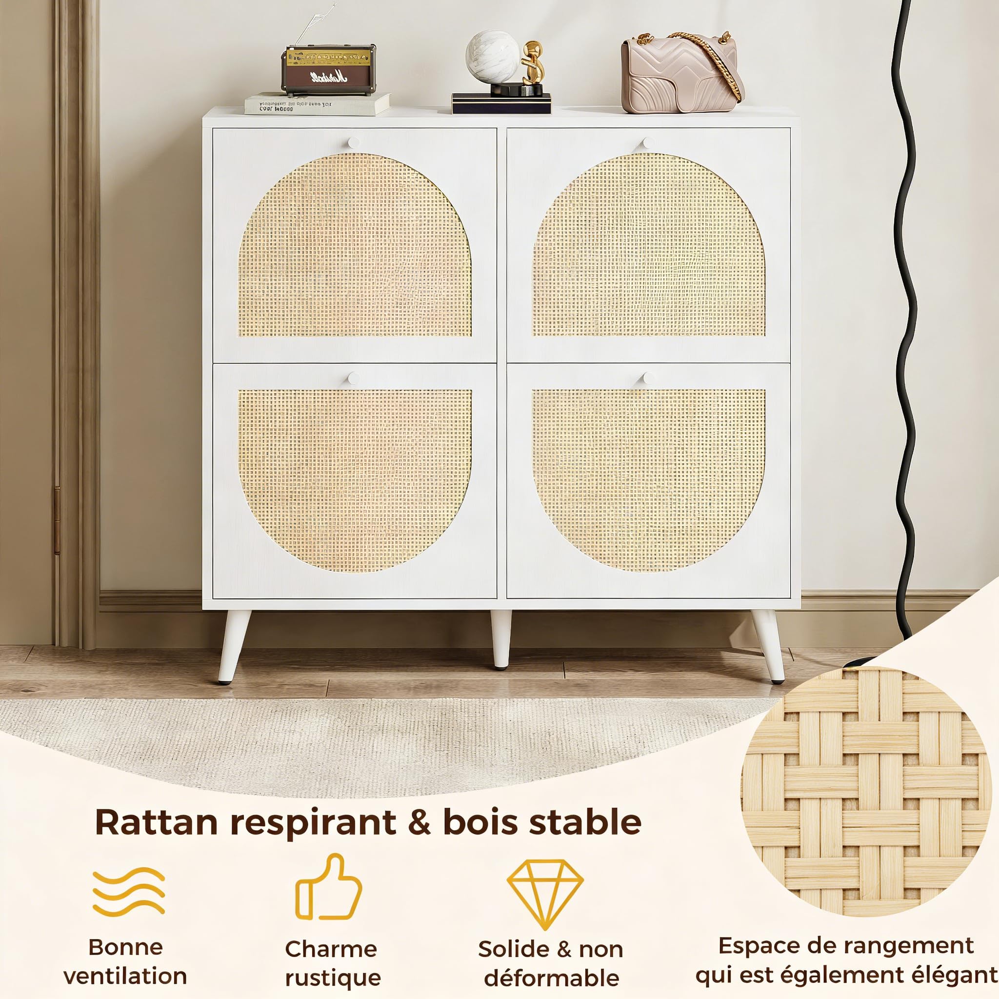 IRONCK Meuble à Chaussures en Cannage et Bois, 4 Portes Étroit avec Étagères Réglables, Rangement Chaussures pour Entrée, Couloir, Salon, 100x24x95 cm (Blanc)