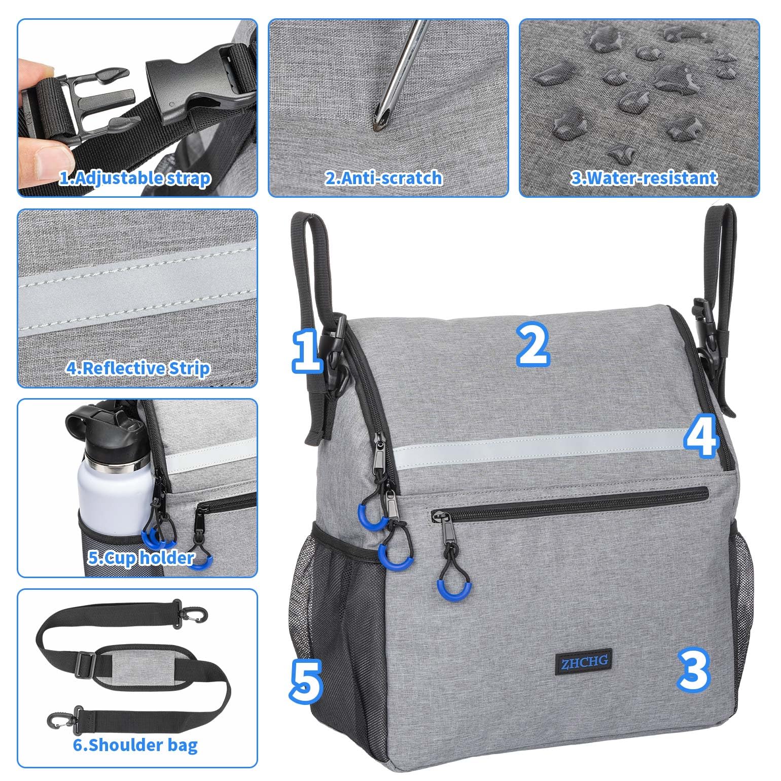 ZHCHG Bolsas para silla de ruedas, mochila para silla de ruedas con portavasos, bolsas para sillas de ruedas para colgar en la parte posterior, accesorios para sillas de ruedas eléctricas, bolsa de