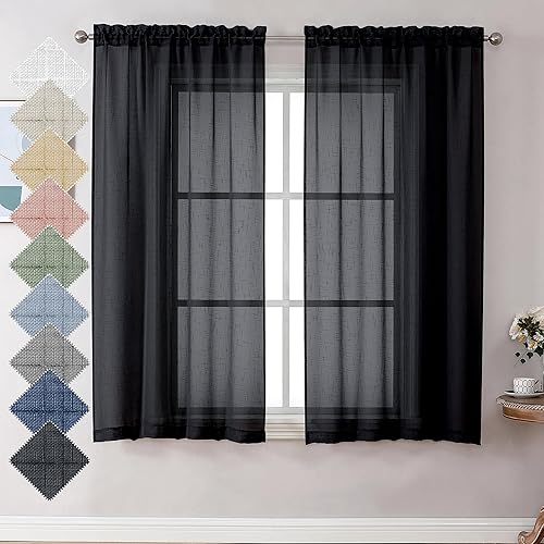 Kirei - Cortinas traslúcidas negras de 63 pulgadas de largo, 2 paneles de lino sintético con textura suave y transpirable con bolsillo para barra,