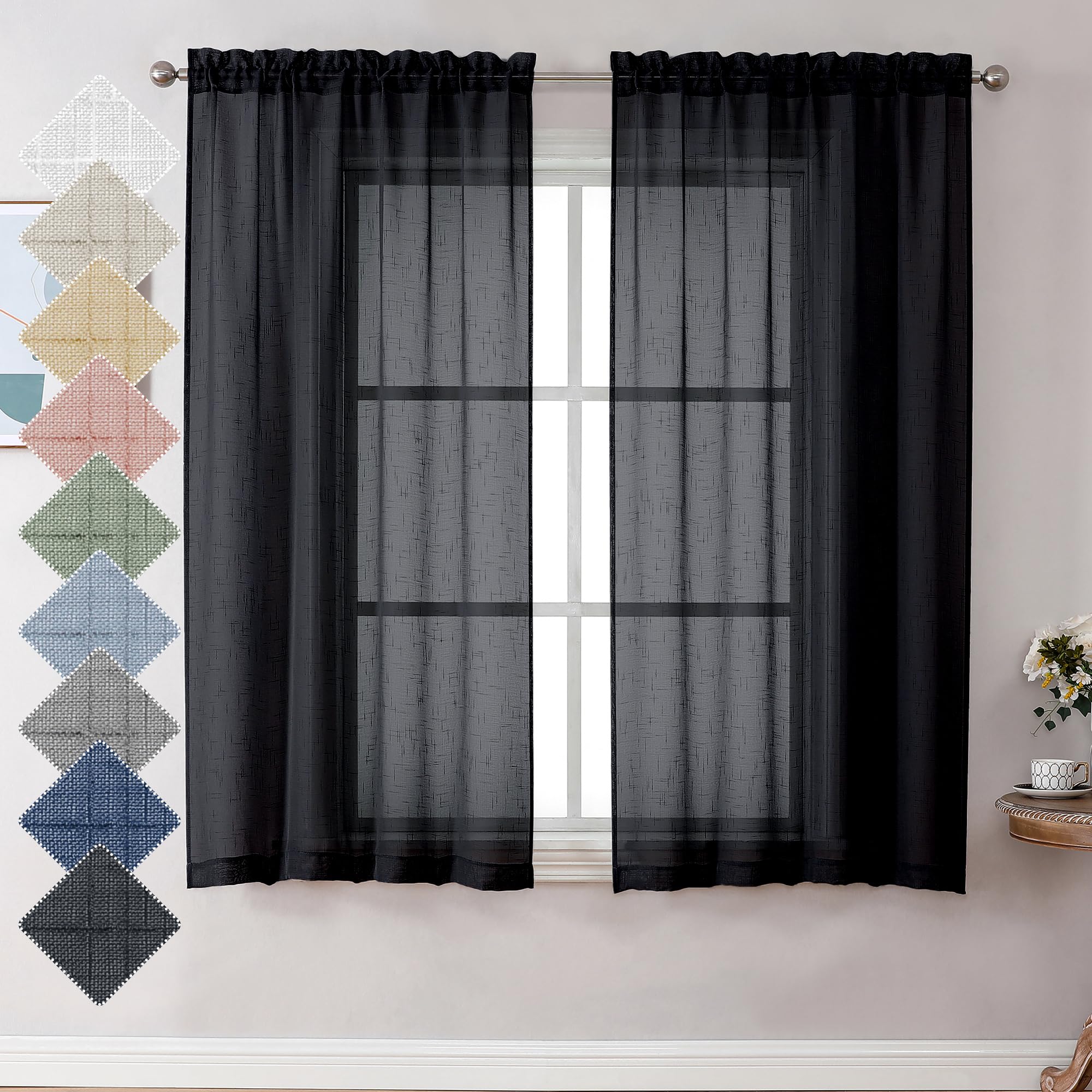 Aiyufeng Faux Black Sheer Curtains 54 Inch Length 2 Panel Set, Fresh Farmhouse 54 Inch Long Sheer Linen Look Airy & Lightweight Elegant Window