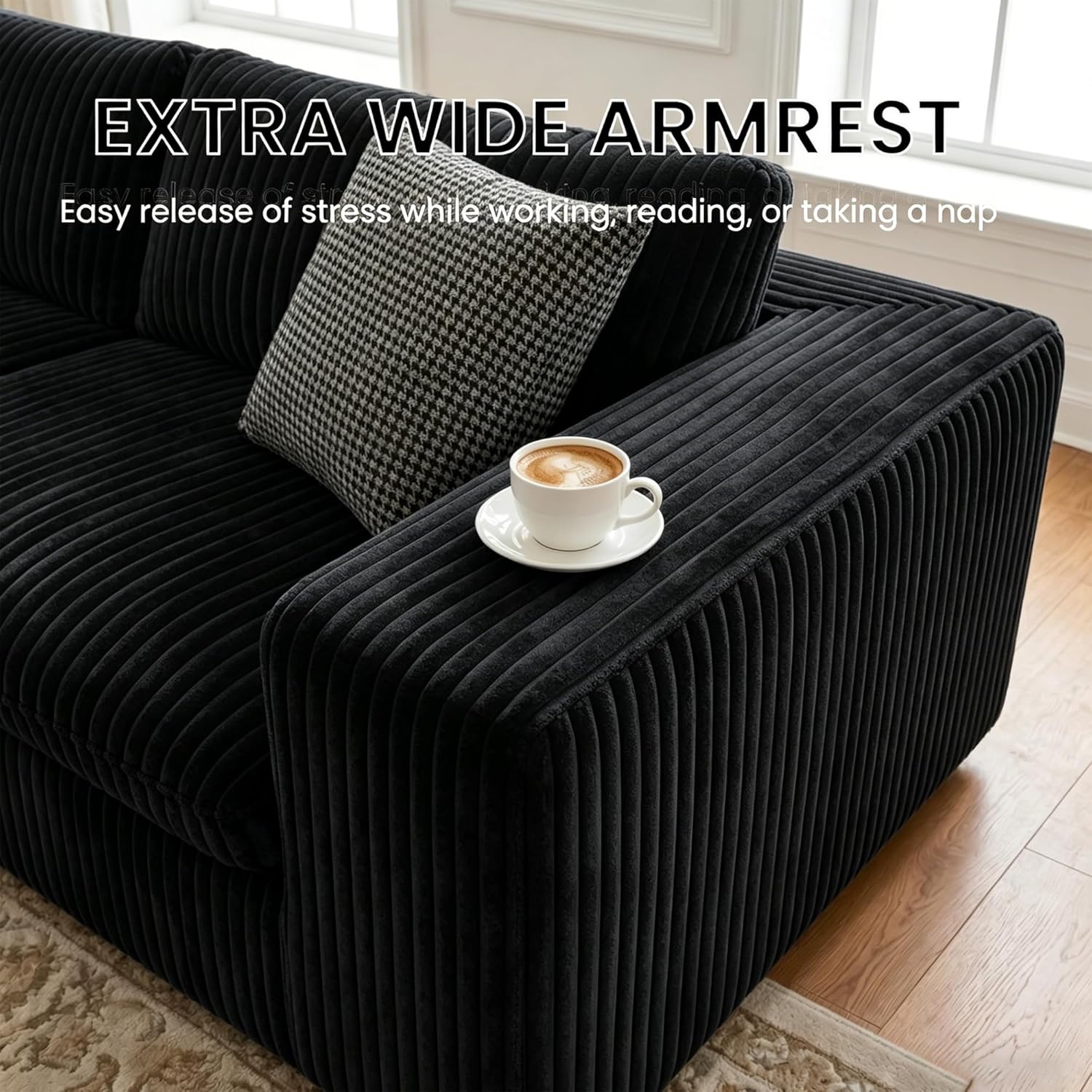 V-Shaped Corner Corduroy Boneless Sofa Couch with Thick Cushion & Memory Foam, 118.2" Flexible Modular Sectional Couches, No Assembly Required, Cozy Cloud Fluffy Sofa for Living Room (Black) | Breathable material, Cloudy, Oversized, Fluffy, Throw Pillows