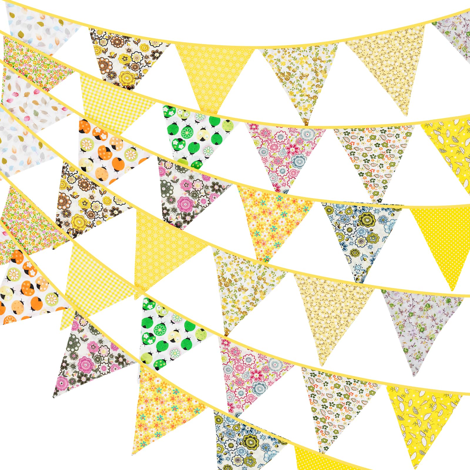 G2PLUS Süße Beidseitig Wimpel Girlande, 10M Bunting Wimpelkette Stoff, Gelb Stoffgirlande mit 36 STK Farbenfroh Wimpeln für Hochzeits Geburtstag Party