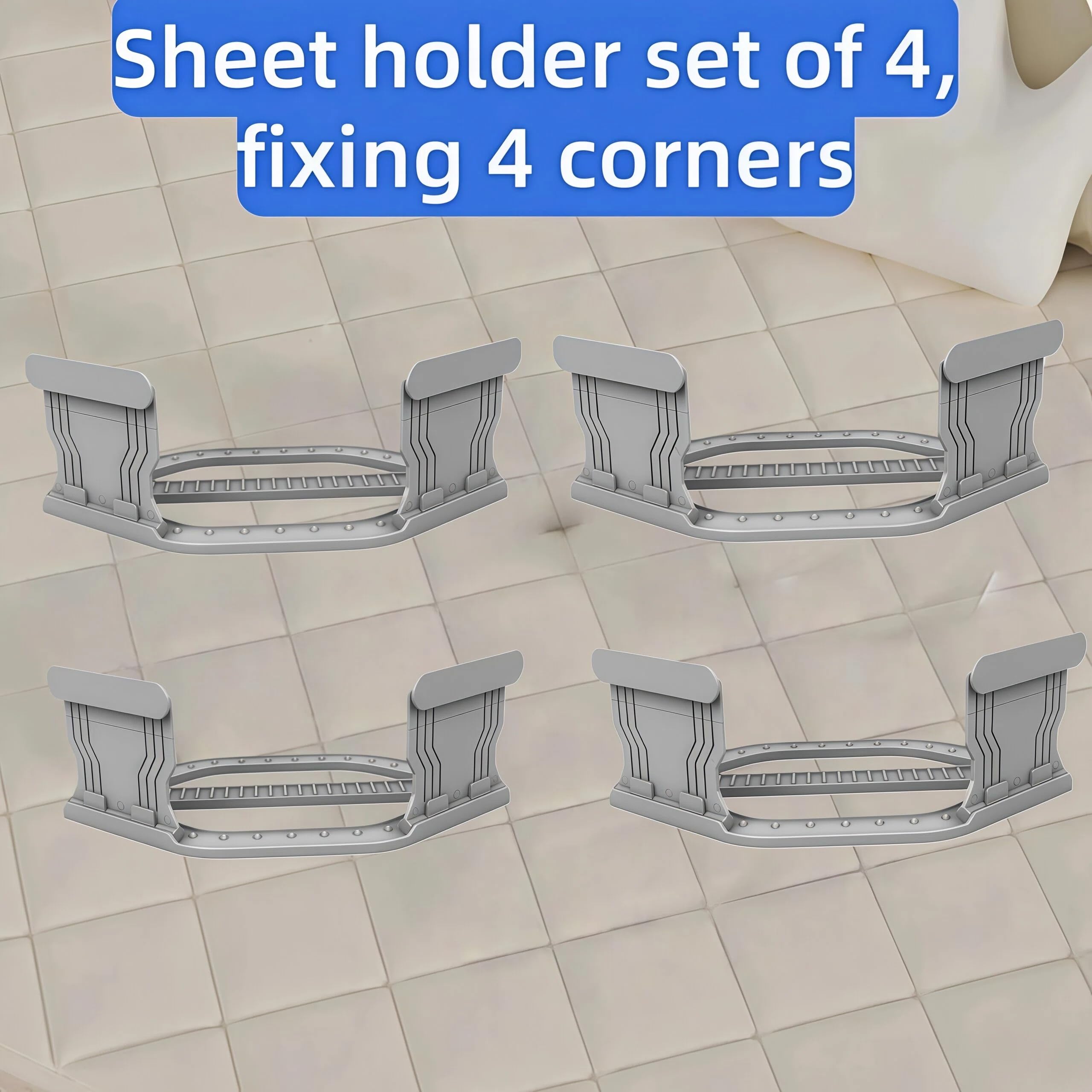 4 tenditori universali per Lenzuola con Clip di bloccaggio: impediscono Lo Scivolamento per materassi di Qualsiasi Dimensione, Montaggio rapido e Lenzuola permanentemente tese (Grigio)