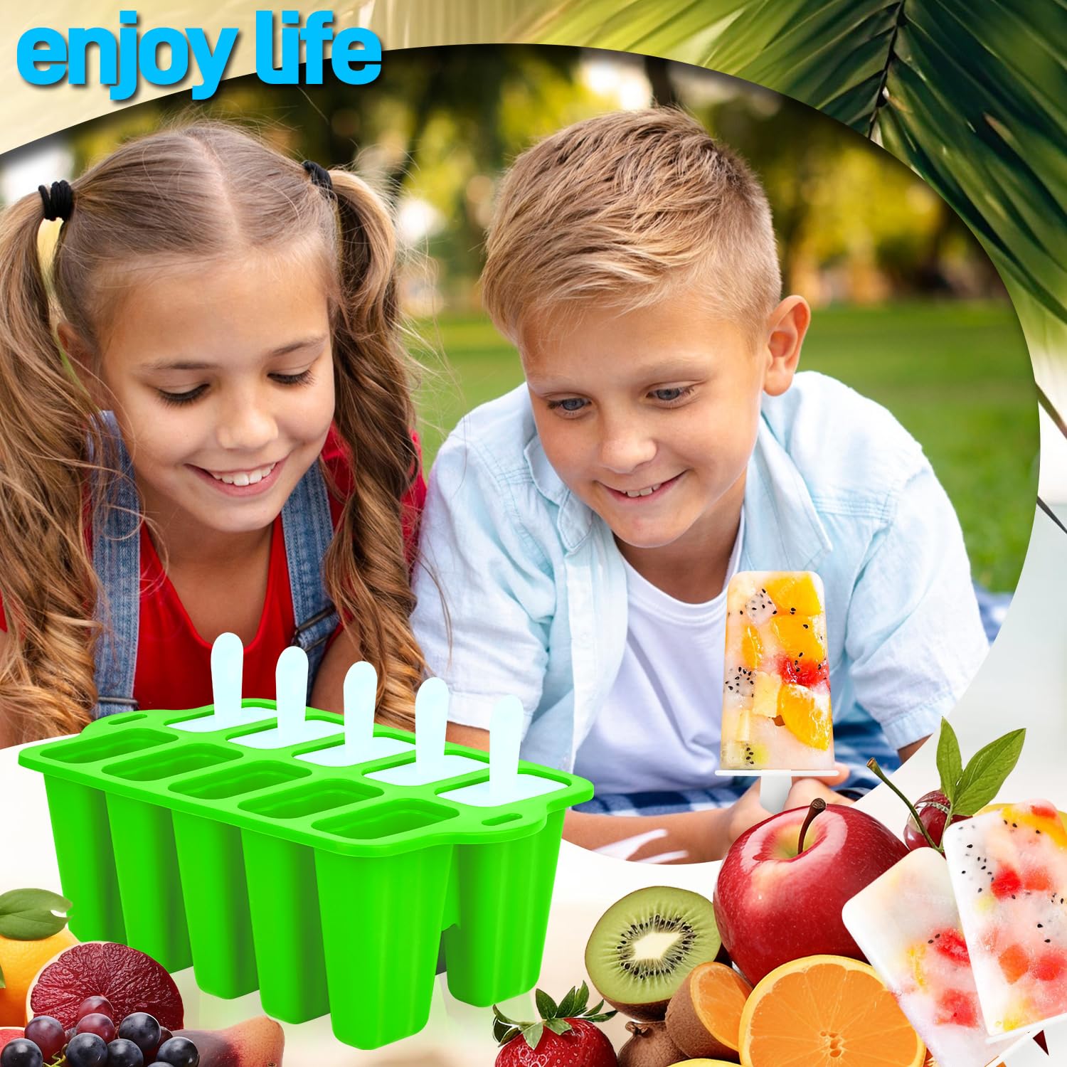 Silikon-Formen für Eis am Stiel, Popcylce-Formen, lebensmittelecht, wiederverwendbar, für Kinder, hausgemachte Stieleis-Formen, Eiscreme-Form, Eisformen-Form (Grün, 10 Mulden)
