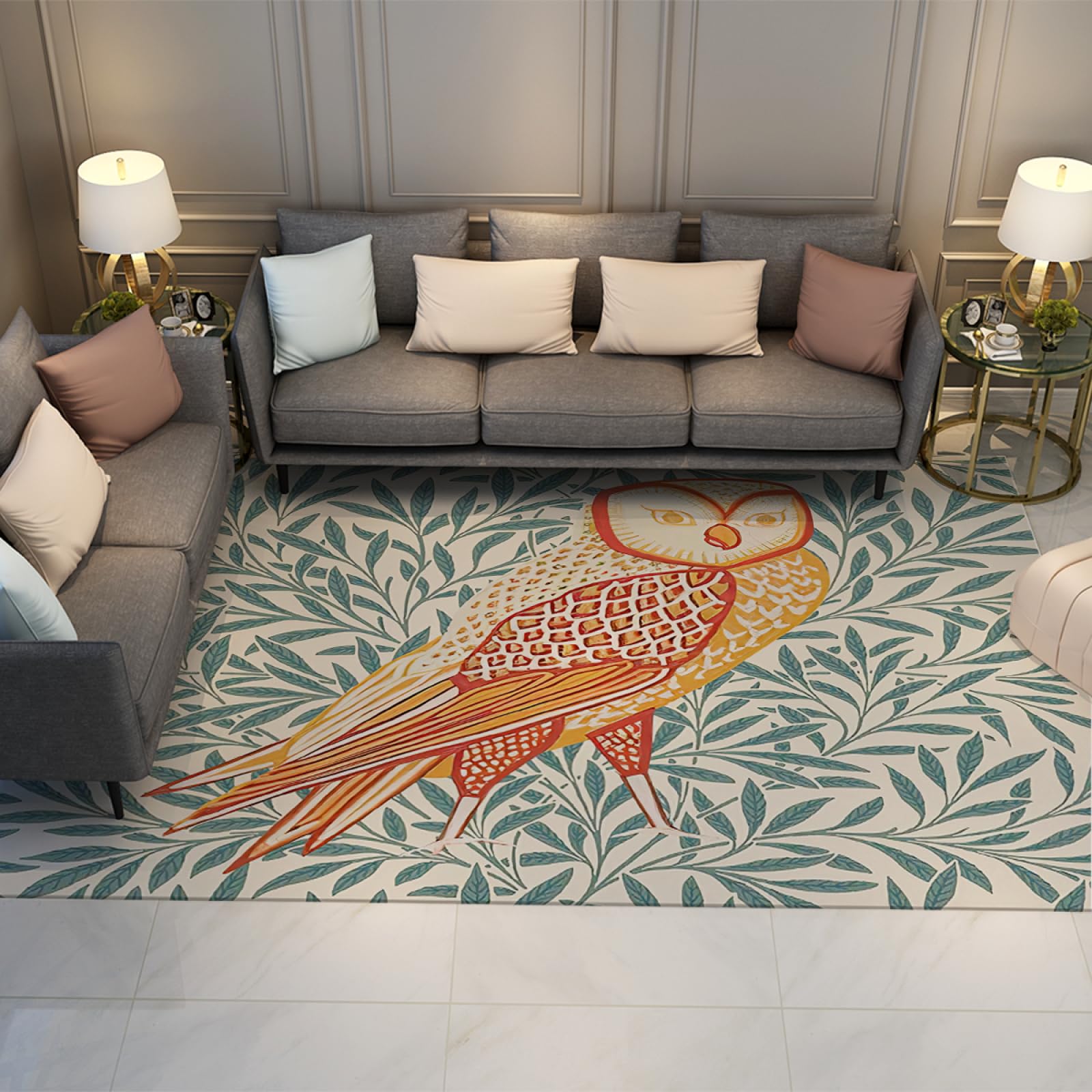 Tapis doux William Morris 120x180cm antidérapant à motif de chouette pour salon et cuisine