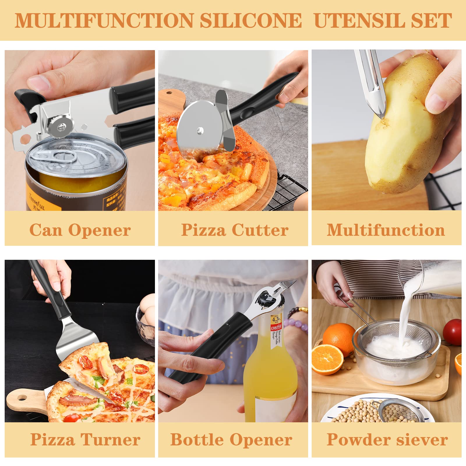 Umite Chef - Juego de utensilios de cocina de silicona, 43 piezas resistentes al calor, mango de acero inoxidable, herramientas de espátula de cocina para utensilios de cocina antiadherentes