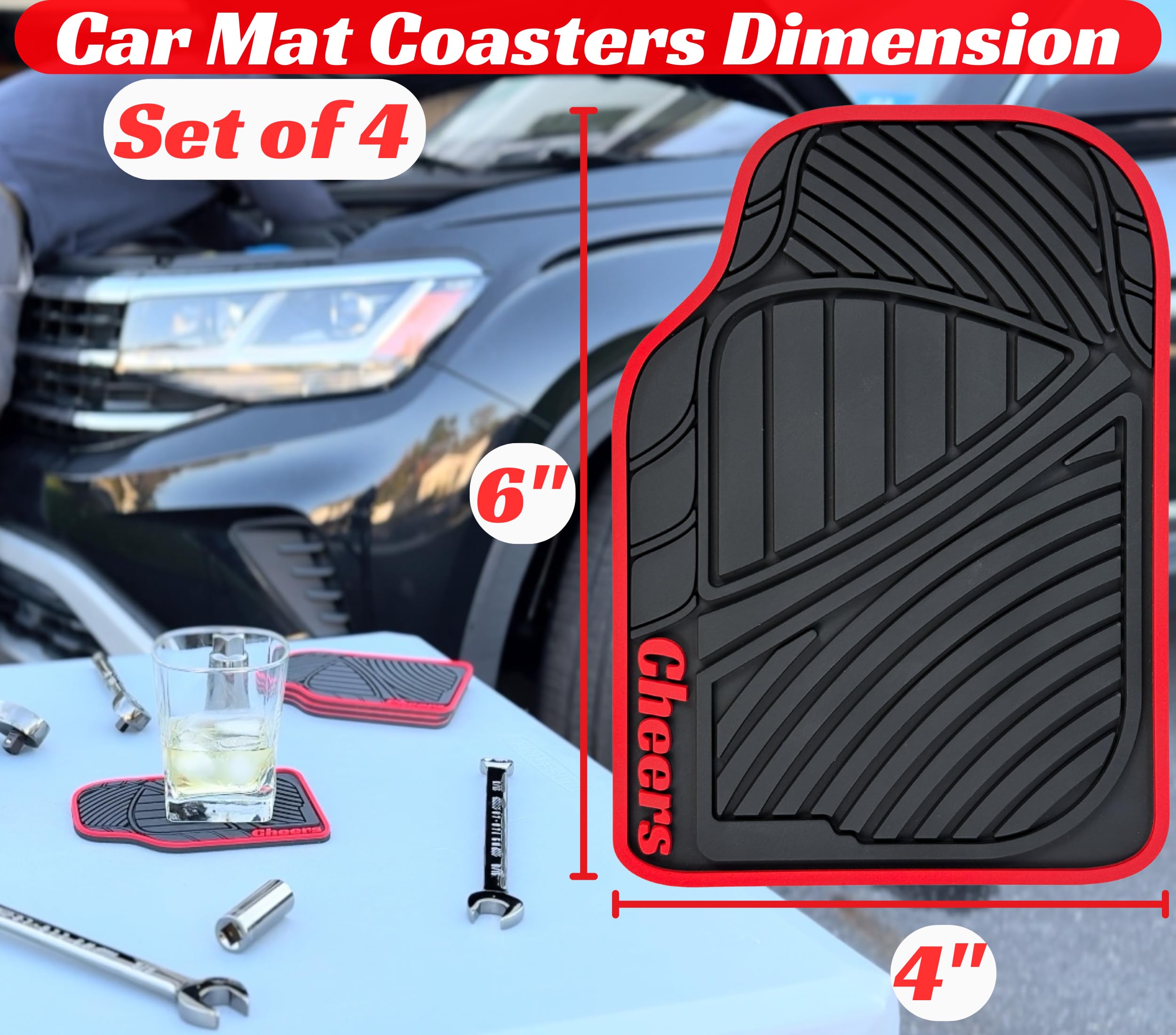 Car Mat Coasters Set of 4 Red Cheers Sign 6x4in, Funny Car Lovers and Racing Fans Gift, Silicone Drink Coasters, Dishwasher Safe, Man Cave Accessories, Mechanic Gift for Car Guys