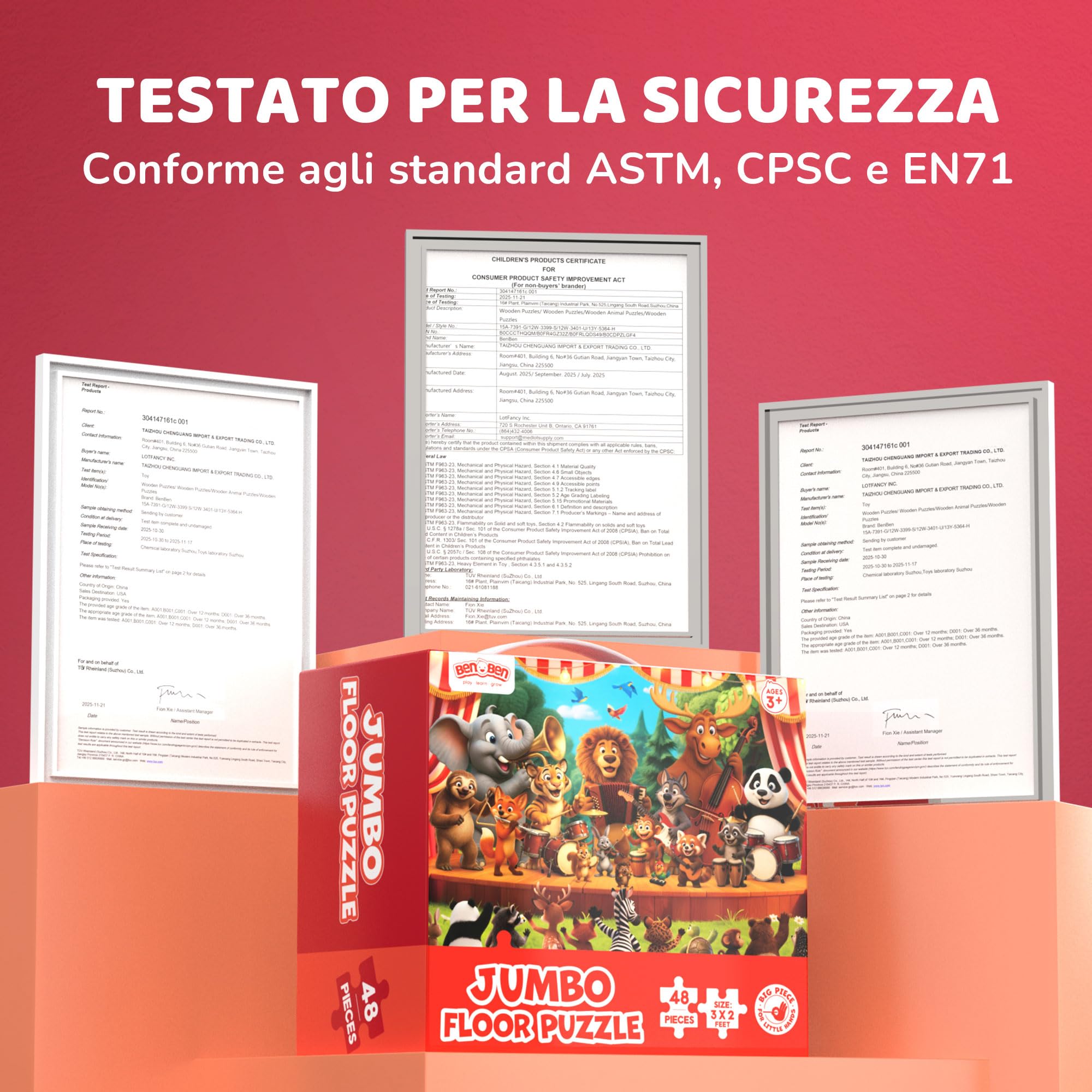 BenBen Grande puzzle da pavimento a partire dai 3 4 anni, puzzle XXL per bambini, 48 pezzi, 90 x 60 cm, regalo per ragazzi e ragazze, concerti di animali