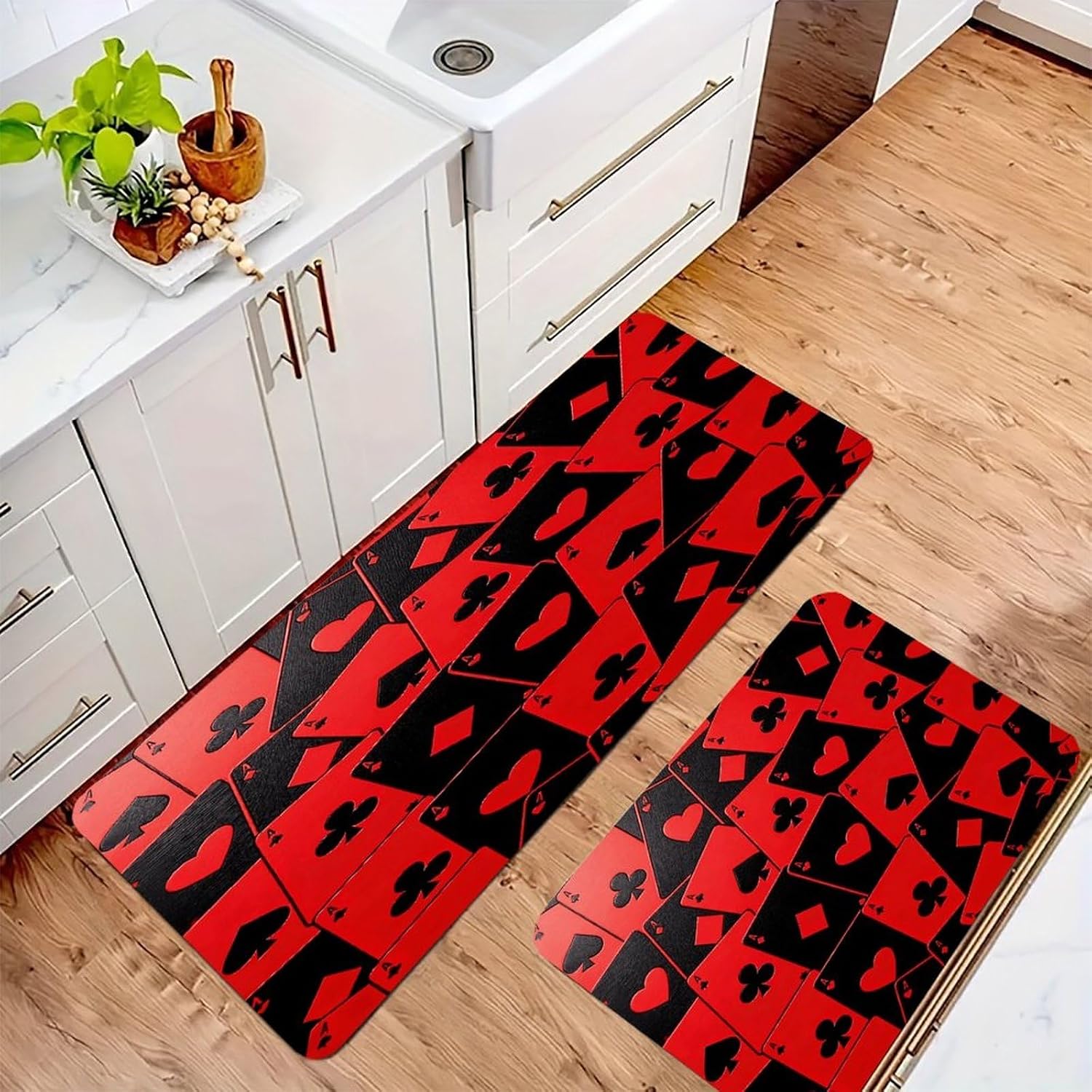 Playing Cards Red Black Kitchen Mat Kitchen Rug Set | Kitchen Rugs Flannel Velvety Washable breathable Water Absorbent Soft ，kitchen utensils for Kitchen, Floor,Laundry