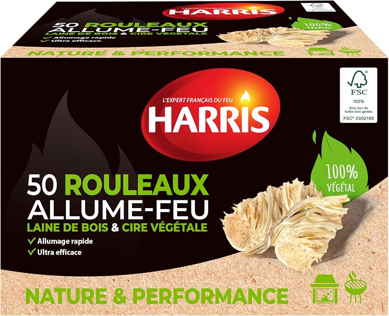 HARRIS - 50 Rouleaux Allume-feu - 100% naturels - Laine de Bois & Cire - Allumage Rapide - Ultra Efficace - Etui Carton refermable - Bois FSC - Fabrication Française - x50