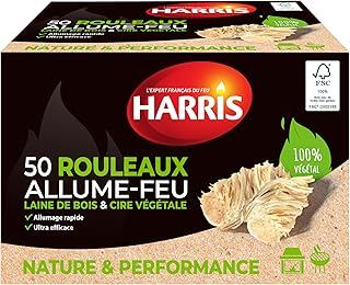 HARRIS - 50 Rouleaux Allume-feu - 100% naturels - Laine de Bois & Cire - Allumage Rapide - Ultra Efficace - Etui Carton refermable - Bois FSC - Fabrication Française - x50