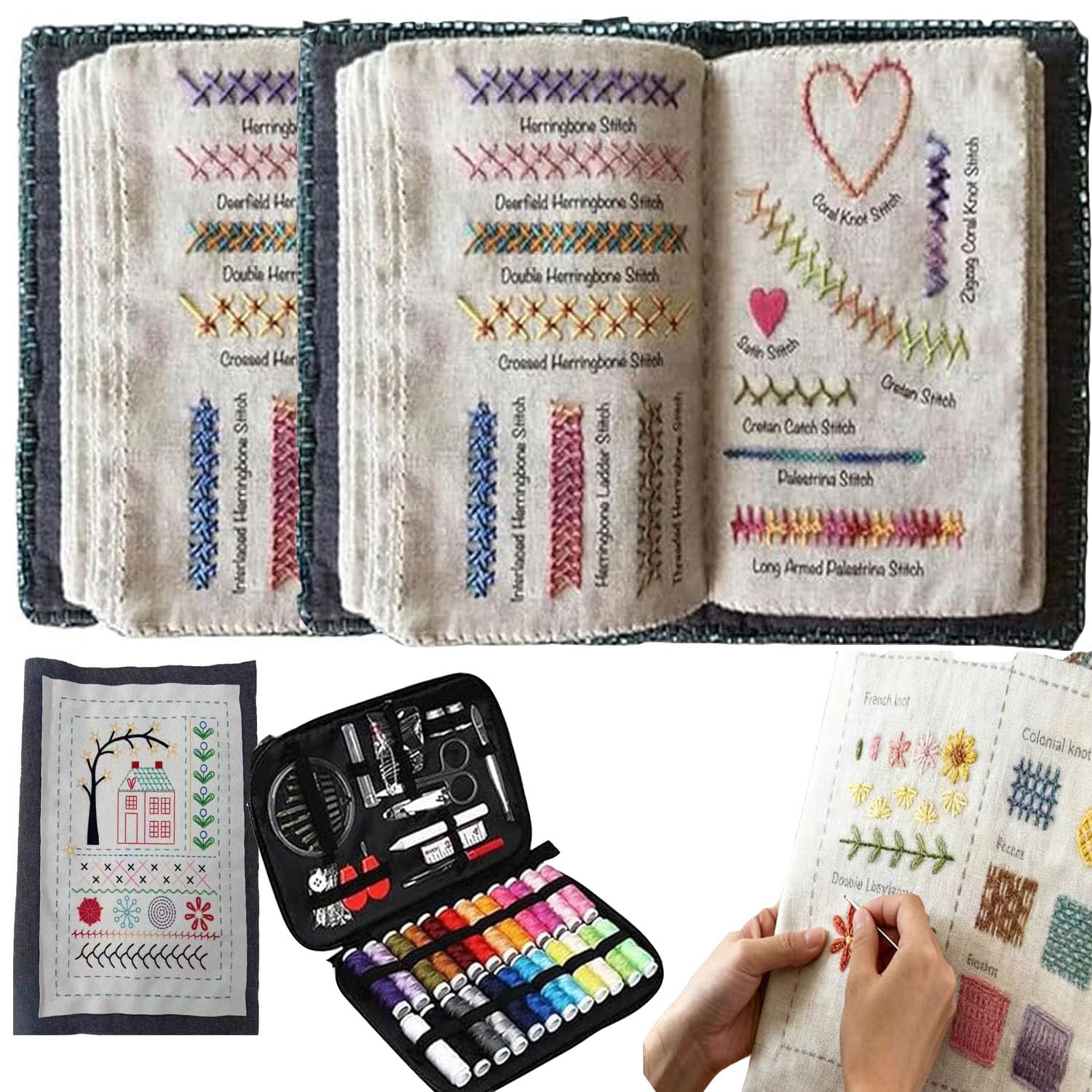 YongXinMY Kit de libro de punto de bordado – Libro de práctica de punto de bordado de lino, tutorial instructivo de 40 patrones y kit de herramientas de costura de 86 piezas para principiantes, hogar