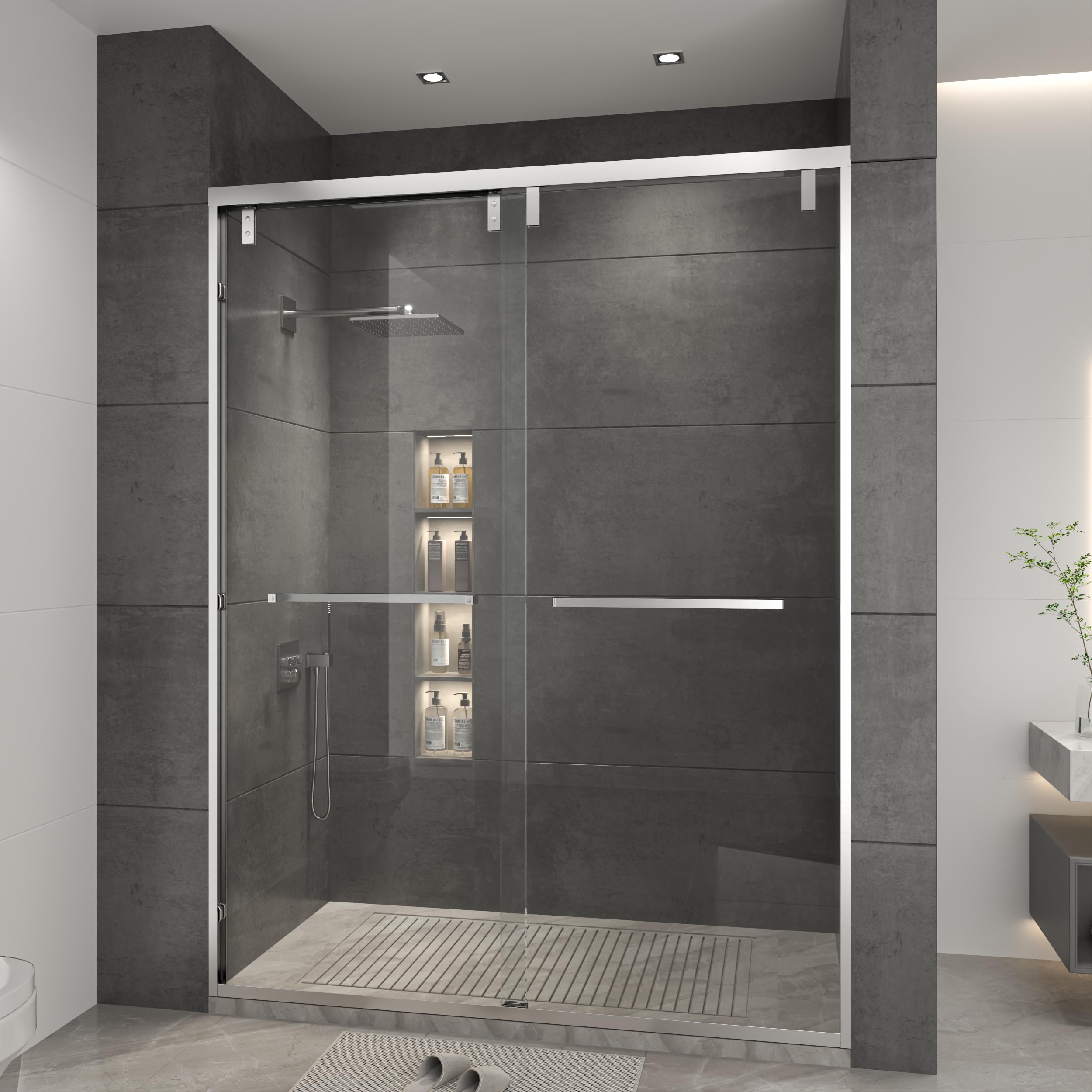 Photo 1 of 56-60" W x 76" H Shower Door, Framed Bypass Double Sliding Glass Shower Door, 1/4" (6 mm) Easy-to-Clean Treated Clear Tempered SGCC Glass, Bathroom Door(Brushed Nickel, 56-60" W*76" H)
