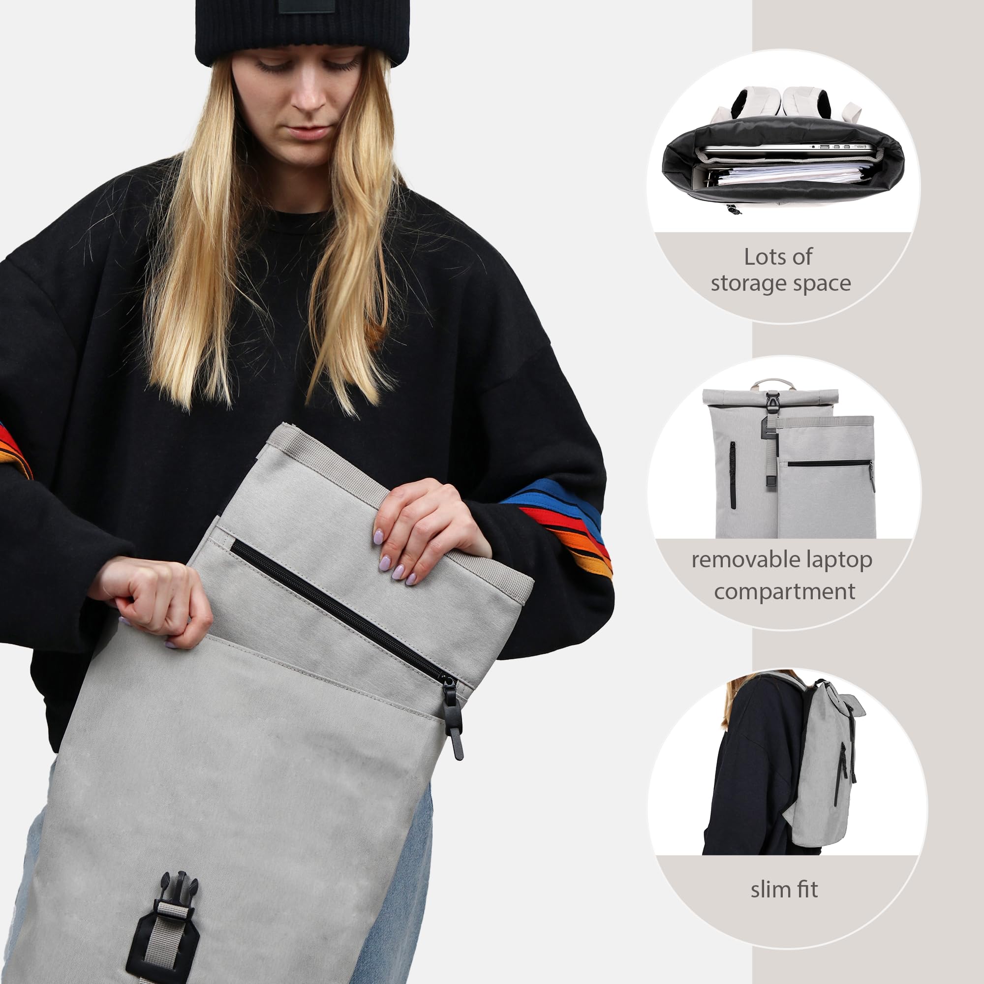 Mochila Roll-Top Daypack Alani - Pet Reciclado, Repelente al Agua - con Funda extraíble para portátil - Plana y Ligera, Mochila para Bicicleta Gris Claro