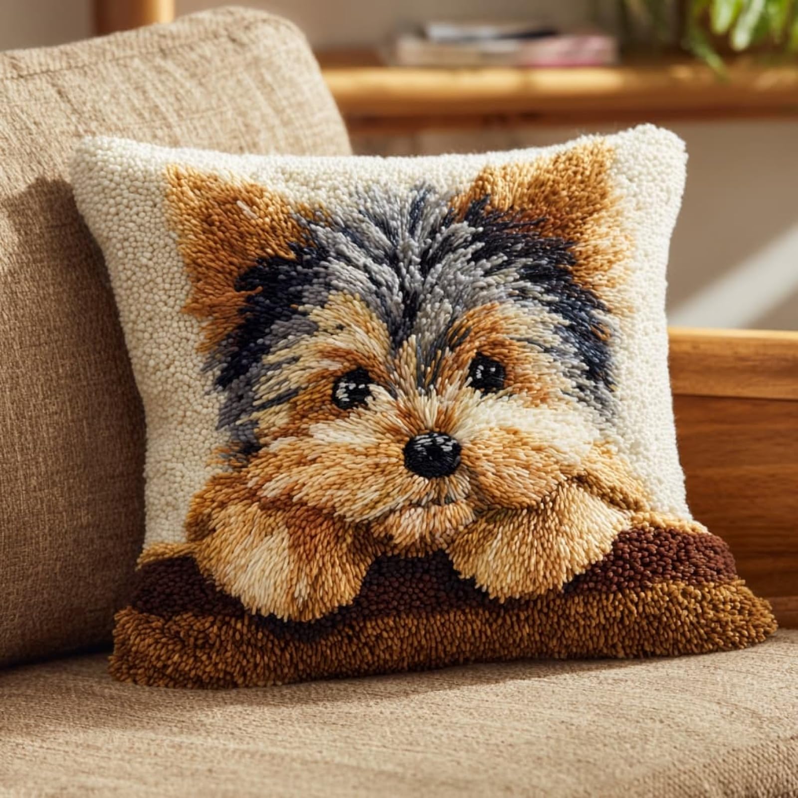 AxiangziK Latch Hook Pillow Making Kit 43x43cm,Yorkshire Terrier Complete Set with Hook Tool & Instructions - Sofa Cushion Cover DIY Craft for Adults