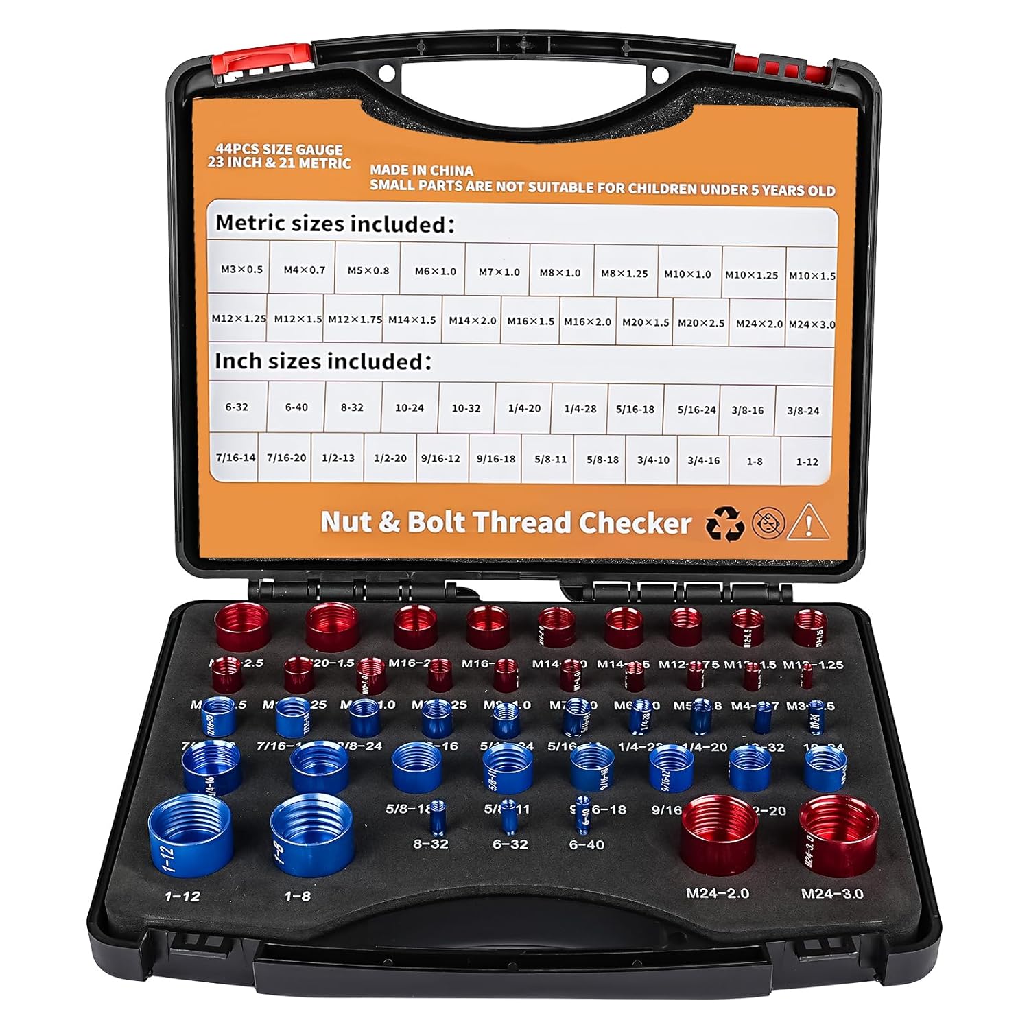 Nut and Bolt Thread Checker Standard and Metric, 44 Male/Female Bolt Size Finder Thread Gauge (23 Standard & 21 Metric), for Bolt and Nut Size Chart in Narrow Areas (Red & Blue)