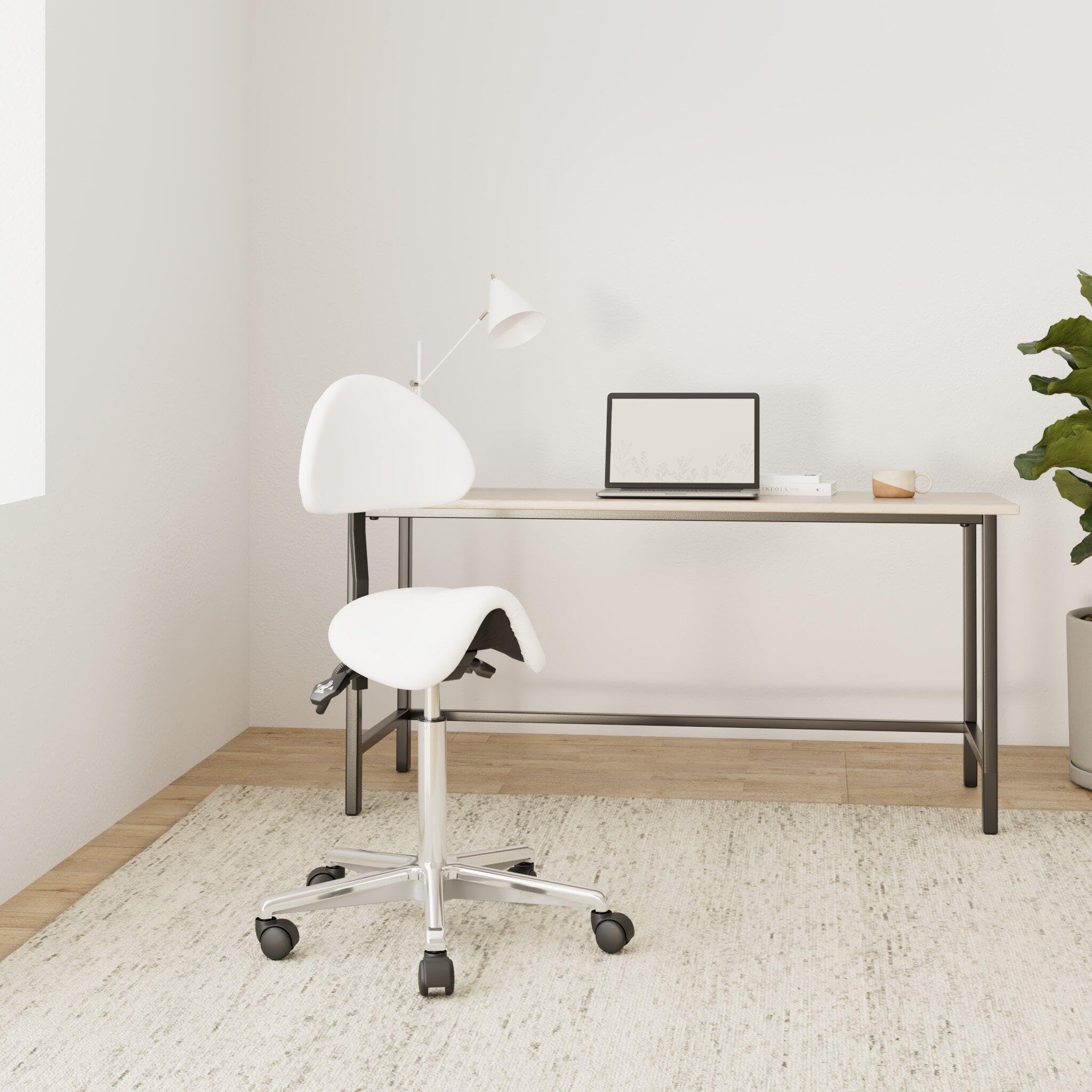 hjh OFFICE 608900 Arbeitshocker mit Lehne TOP Work 20 PU Weiß Sattelhocker mit Rollen höhenverstellbar, neigbar