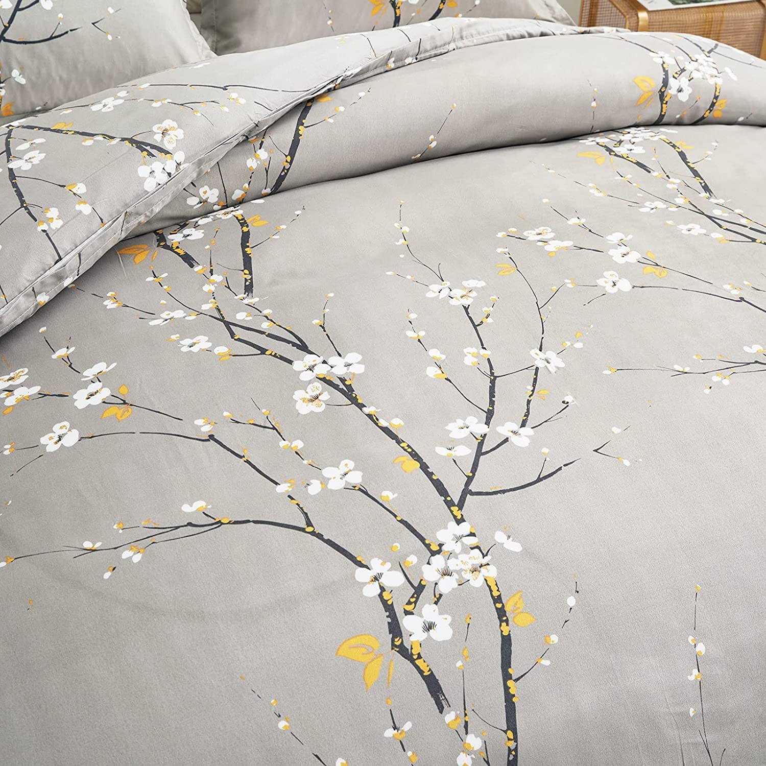 Lanqinglv Bettdecke 155x220cm Ganzjahresdecke 4 Jahreszeiten,Grau Weiß Blätter Blumenmuster Steppdecke für Allergiker Zudecke Schlafdecke Duvet 155x220 mit 1 Kissenbezug 80x80cm