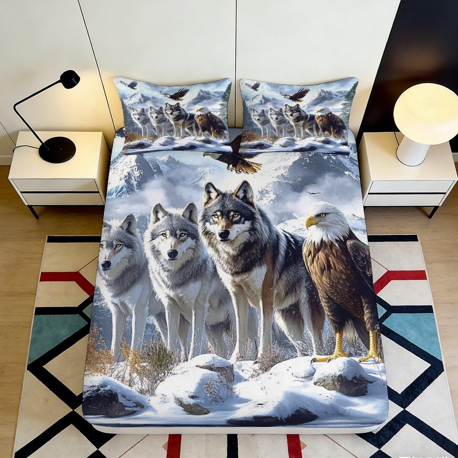 3D Printed Wolf Mountain Fitted Sheet Microfiber Soft Eagle Snowy Forest Bed Cover for Bedroom Guest Room Decor 90x200x25cm