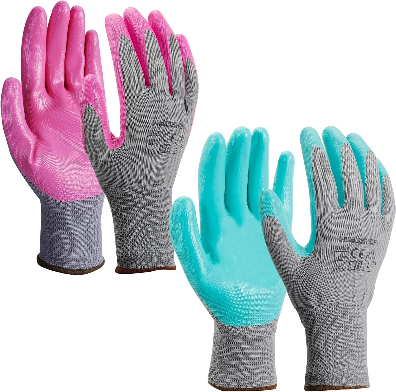 HAUSHOF Gardening Gloves, Thorn Proof 6-Pairs Work Gloves, Breathable Garden Gloves Nitrile Coated with Texture for Yard Work, Pink & Green Large Size