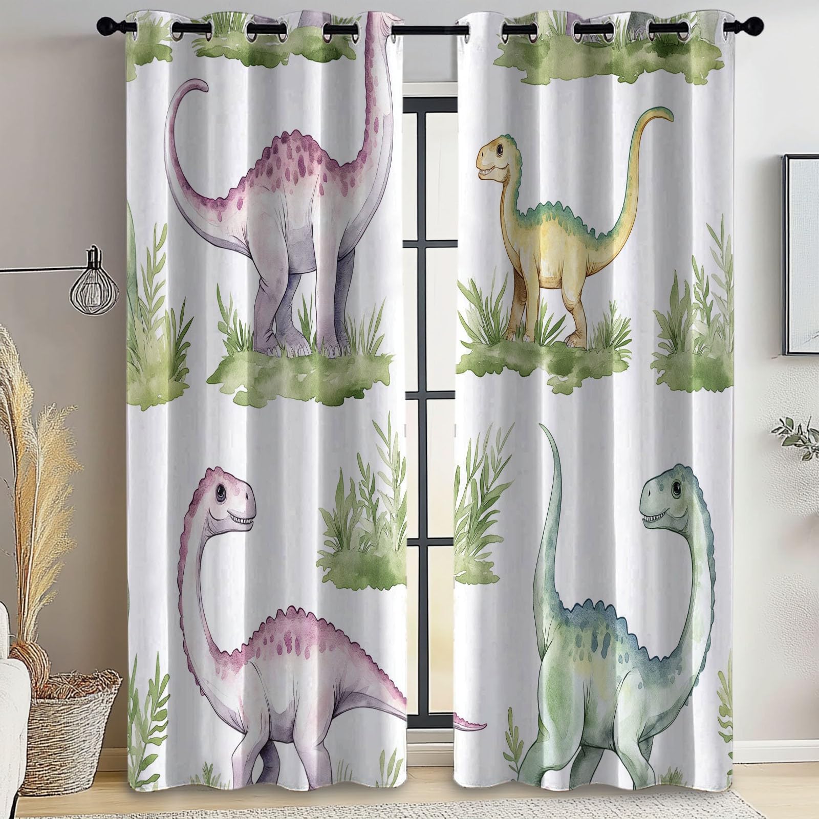Cortinas Salon Modernas Acuarela Dinosaurio para Dormitorio Cocina Ventanas Comedor Habitacion Blanco Cortinas Decoracion 140An x 260Al cm (2 Paneles) Cortinas Estampado