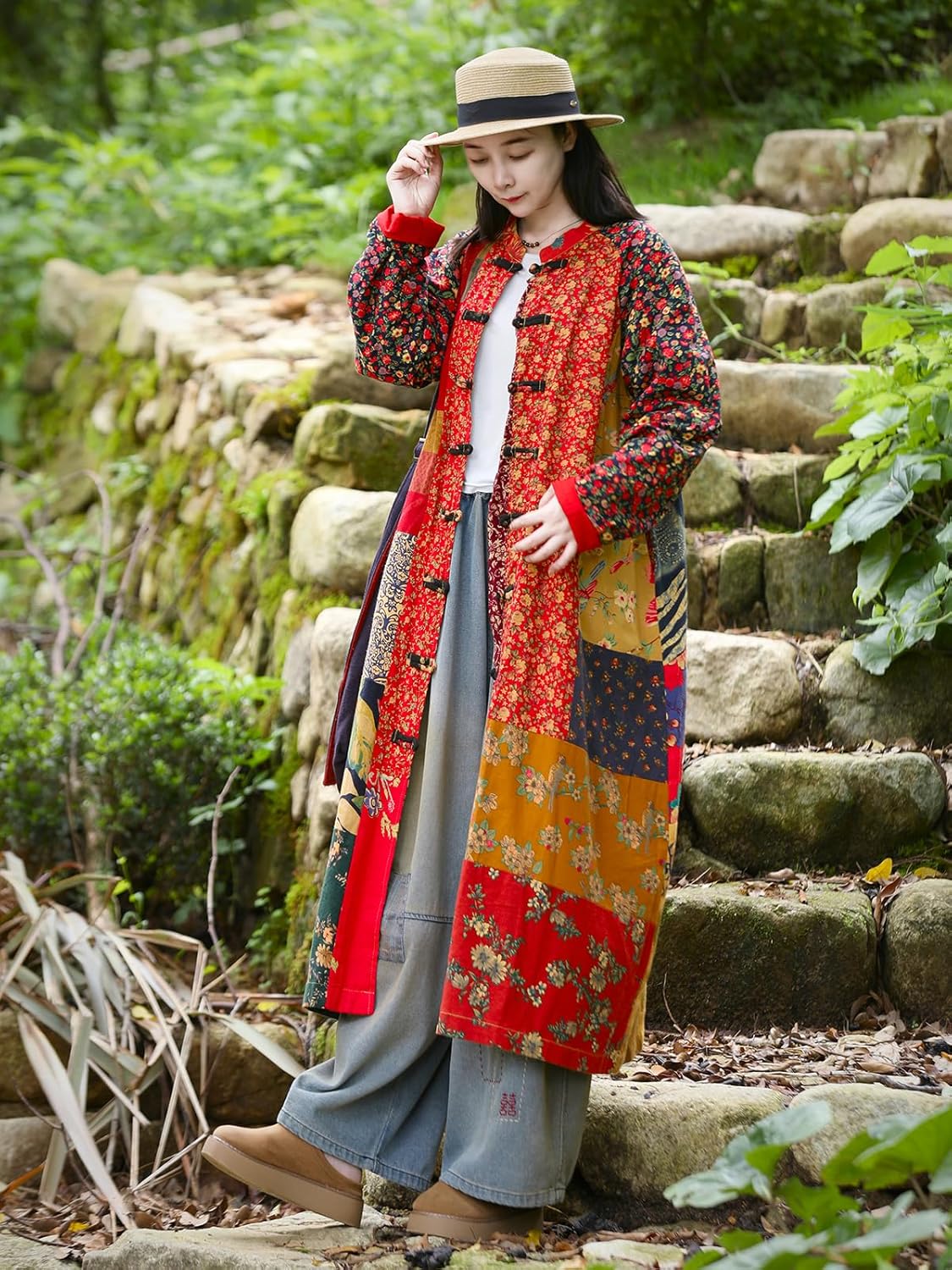 LZJN Women‘s Patchwork Trench Coat - Floral Cotton Linen Long Jacket, Cottagecore Bohemian Outerwear - Image 2