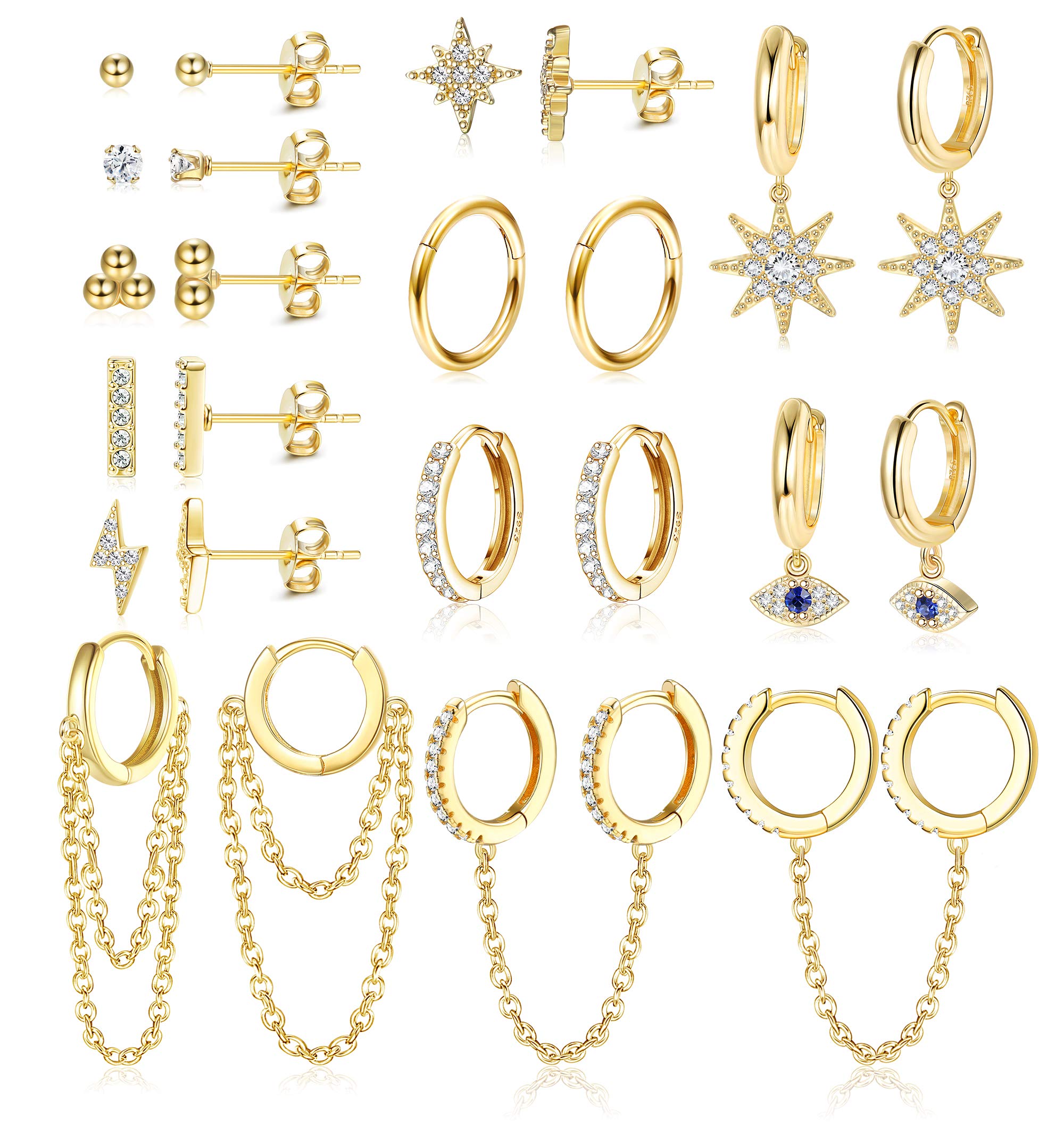 IRONBOX12Pairs 14K Gold Plated Huggie Hoop Studs Earrings Set for Women Small Dainty Minimalist Chain Earrings Cartilage CZ Ball Earrings Sets for Multiple Piercing