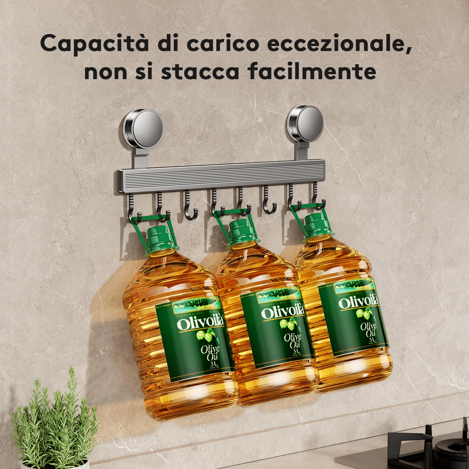 Barra a gancio per cucina senza foratura con ventosa | 8 ganci, lunghezza 40 cm, portata 20 kg, installazione in 1 minuto | Barra a gancio rimovibile inossidabile per utensili da cucina