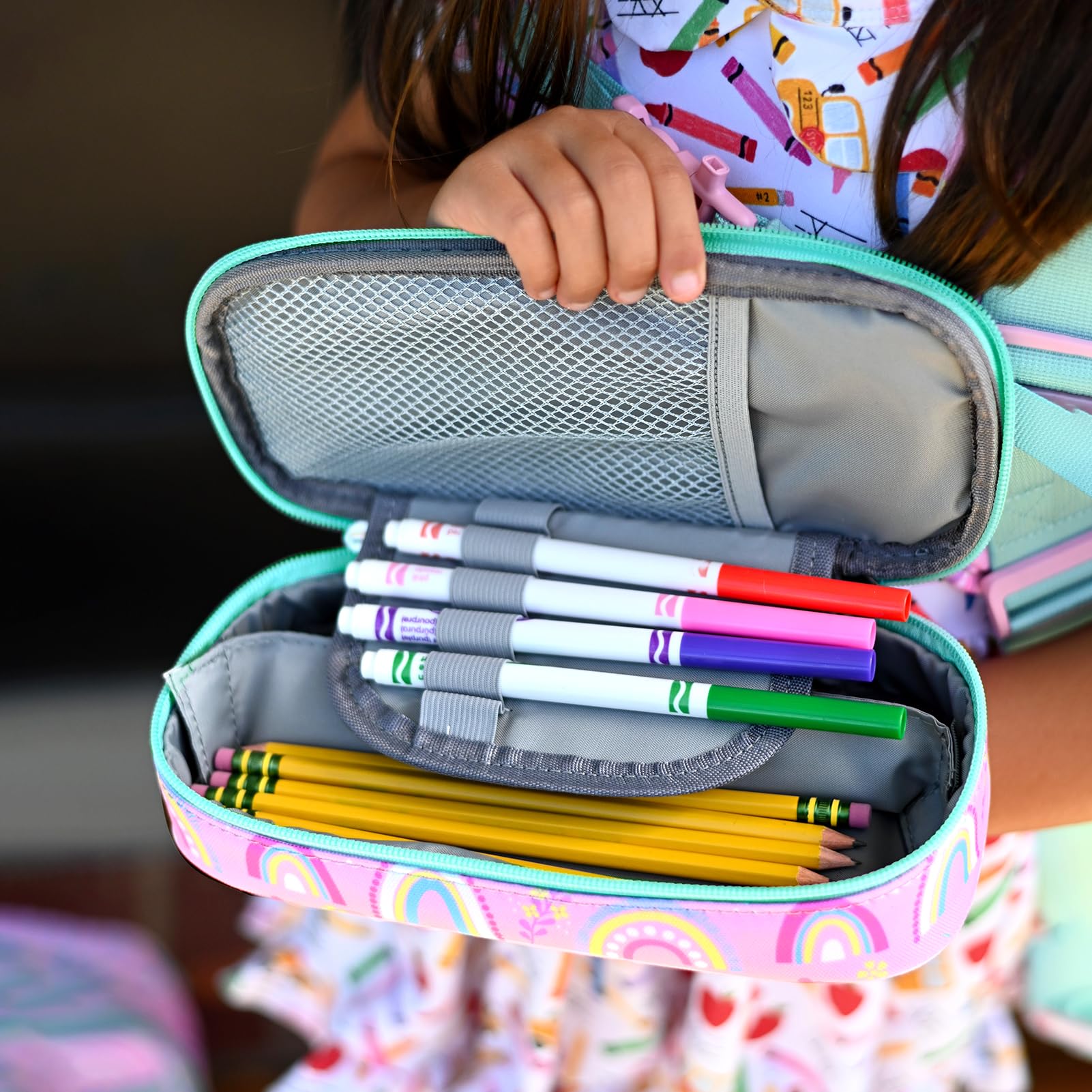 Trousse à Crayons 3 Compartiments Pour Fille - Grande Capacité - Poignée De Transport - Tissu Oxford Rose