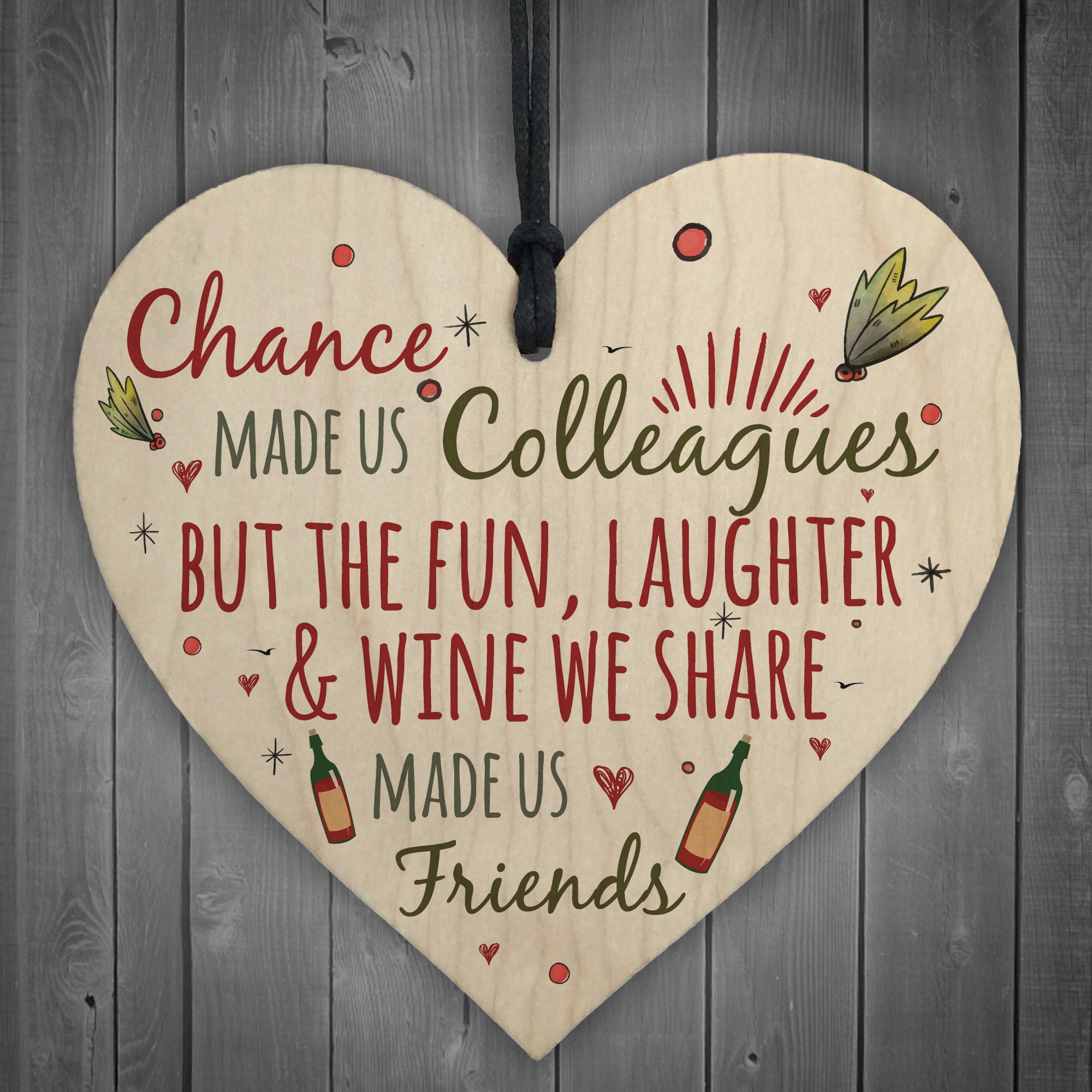 Red Ocean Colleagues Fun, Laughter & Wine Novelty Wooden Hanging Heart Leaving Gift Plaque Novelty Joke Sign