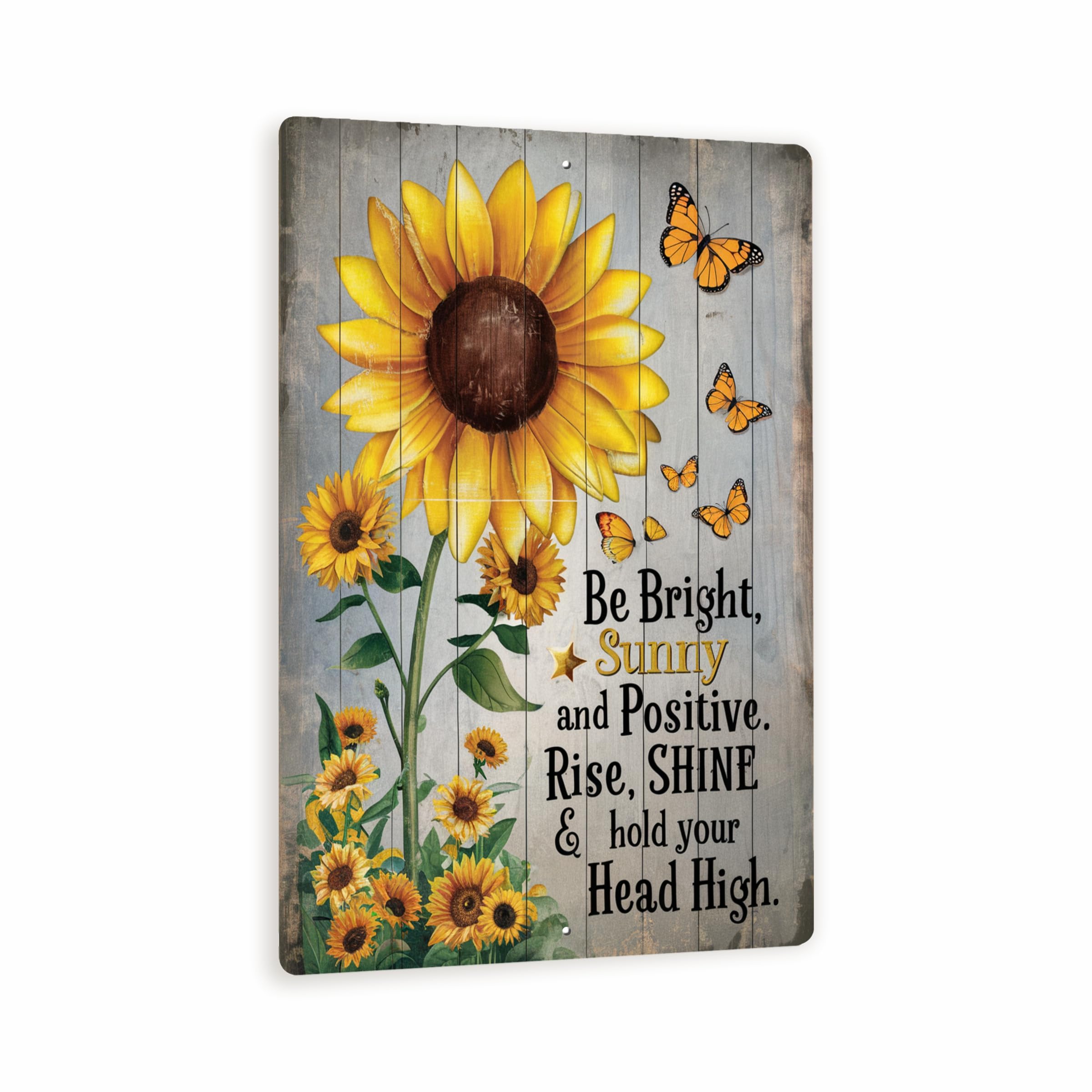 Products Vibrant Sunflower Wall Art - Be Bright, Sunny And Positive - Rustic Metal Sign With Butterflies Metal Tin Sign 8X12 Inch