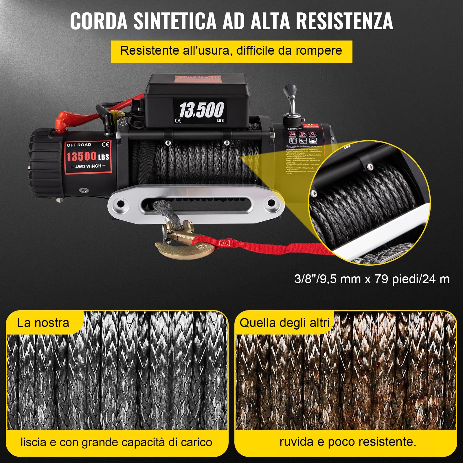 Verricello Elettrico 12 V 13500lb/6123kg CC con Cavo, IP68 Verricello Elettrico con 24m Corda Sintetica e Telecomando wireless×2, per carri rimorchi, fuoristrada, 4 x 4 veicoli,Traino UTV ATV