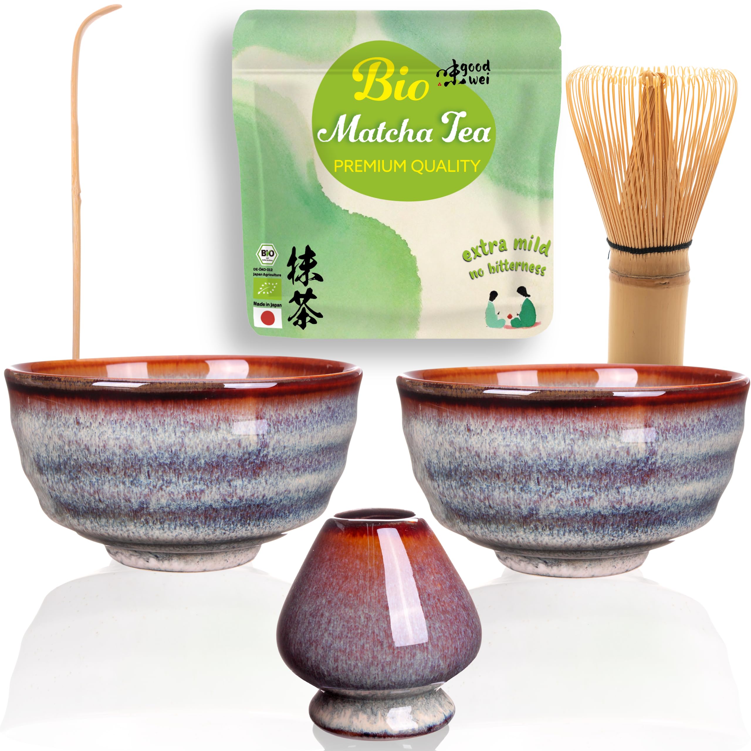 Set Matcha DUO Bio – 2 Ciotole In Ceramica, Frusta In Bambù 80 Setole, Supporto, Cucchiaio E 30g Di Matcha Giapponese Biologico – Regalo Per Due