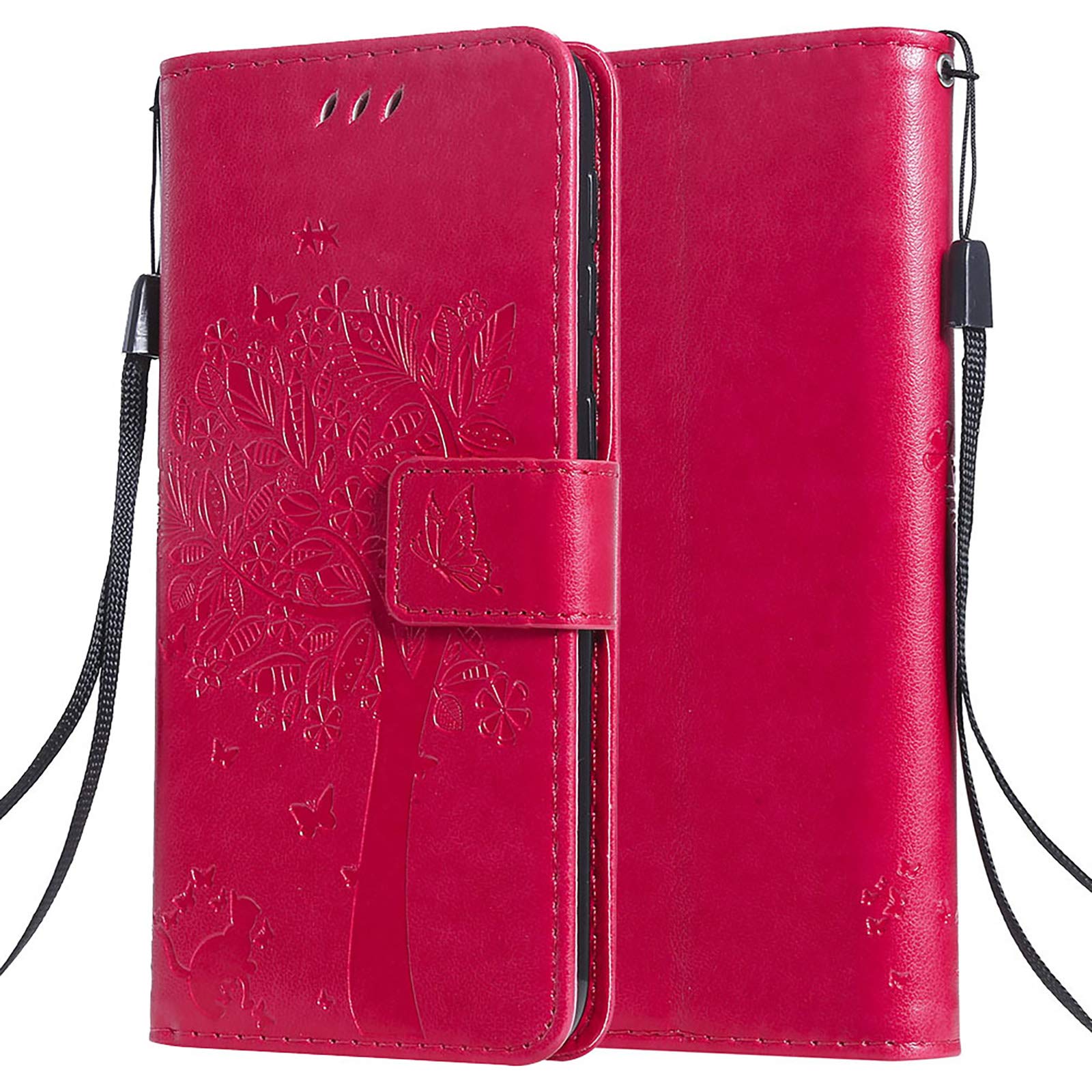 C-Super Mall Case for OPPO A94 5G/Reno5 Z 5G/F19 Pro Plus 5G, Embossed Tree Cat Butterfly Pattern Stand Flip Magnetic Closure Card Slots Wallet Cover, Rose