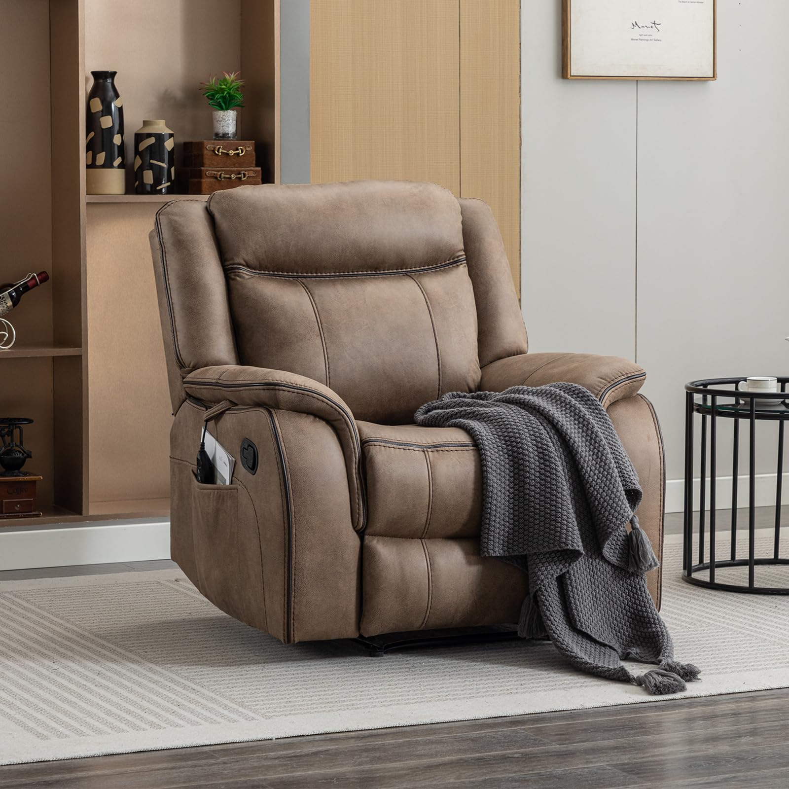 Leather Recliner Chair, Manual Recliner,Brown Overstuffed with Massage Vibration and Heat,Single Reclining Sofa Chair for Living Room, Bedroom, Theater, 38.9 Wide