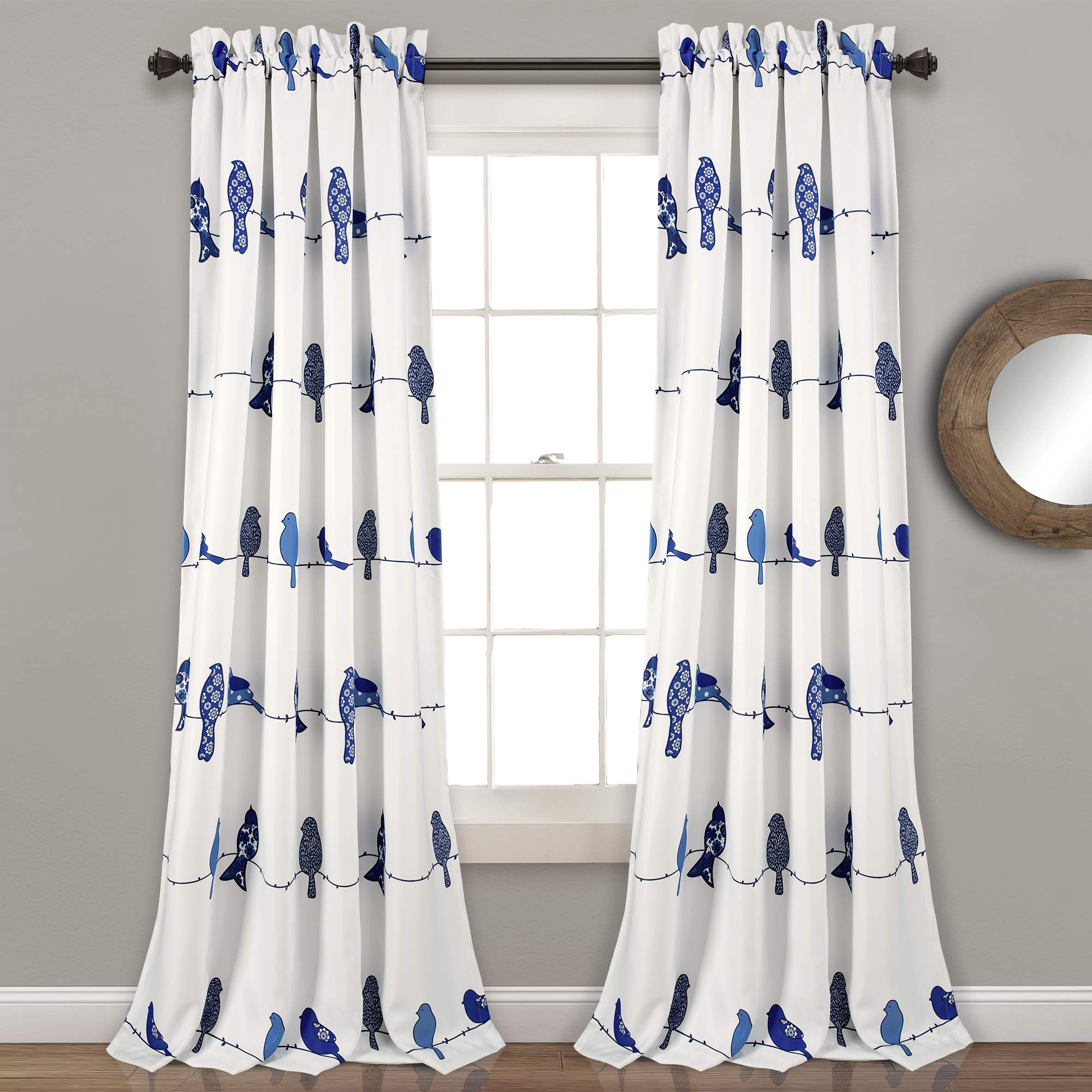 Lush DecorRowley Birds Light Filtering Window Curtain Panels, Pair, 52" W x 95" L, Navy - Colorful Floral Print - Whimsical & Playful Bird Curtains For Bedroom, Living Room, Or Dining Room