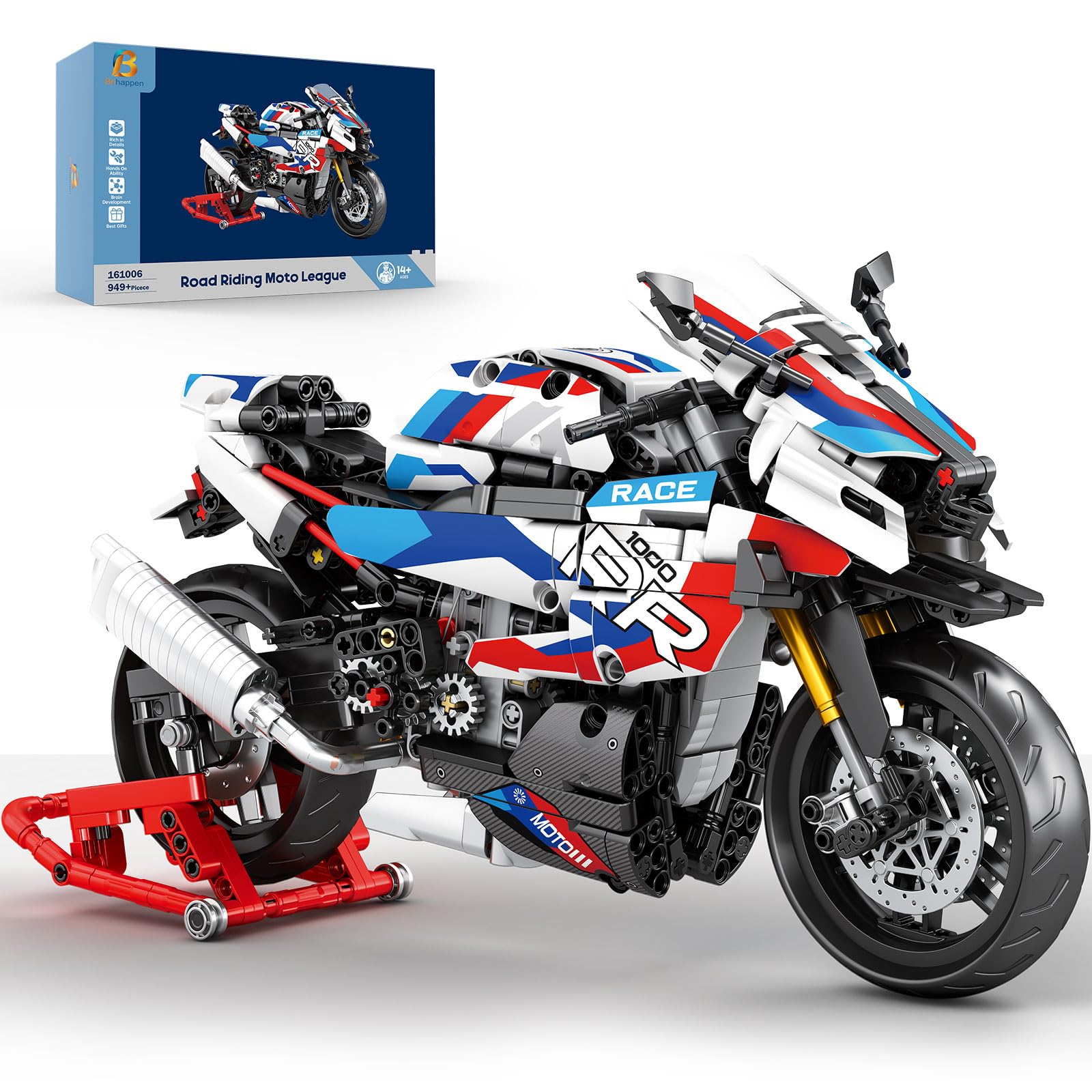 Brihappen 1000 RR Motorrad Bausatz für Erwachsene Männer, 1:8 Maßstab Technik Klemmbausteine Motorrad Modell mit Ausstellungsständer, Mechanisches Bike Vehicle Baukasten für Jugendliche ab 14 Jahren