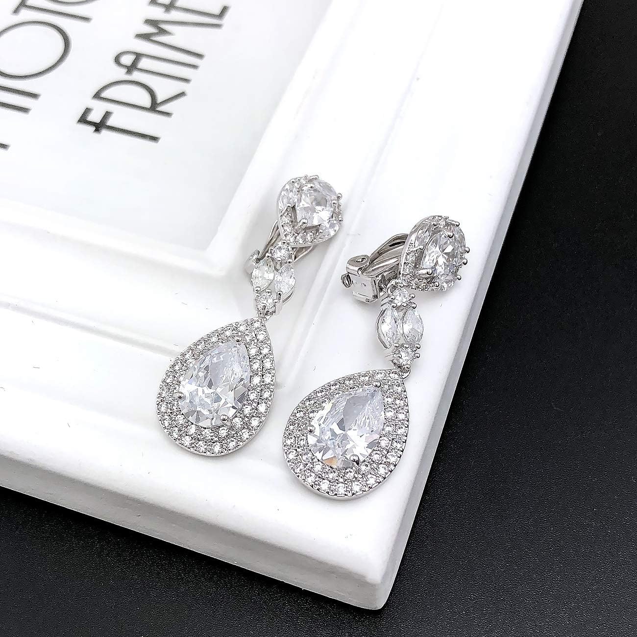 YOQUCOL Zirconia Crystal Upscale Dangle Drop Clip On Earring NonPierced Wedding Bridal Earrings For Women - Image 5