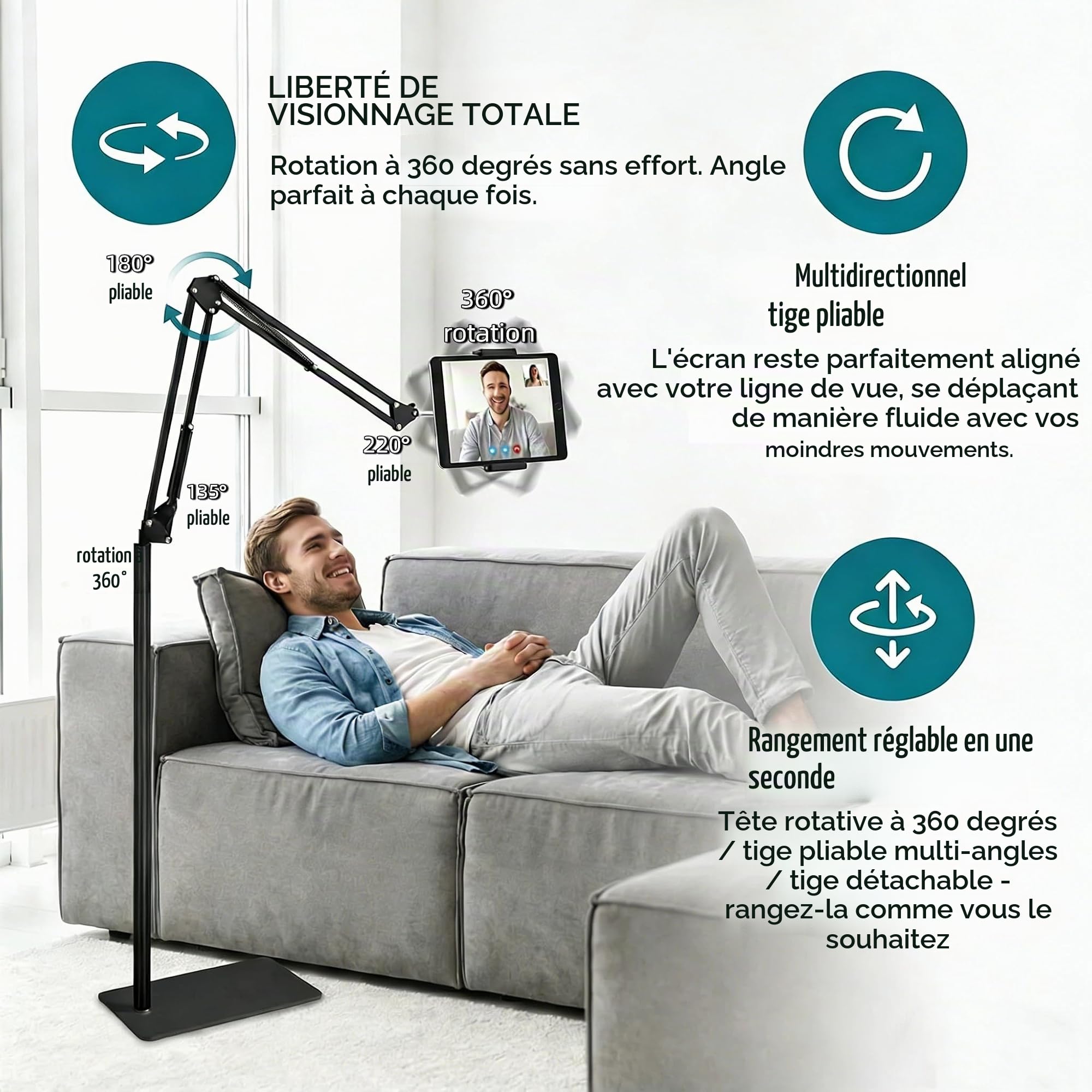 Support Tablette de Sol, Support Tablette de Pied sur Sol avec Bras Articulé Réglable Support de Tablette Réglable en Hauteur 75-140cm, Pivotant à 360° pour iPad,Tablette de 4 à 12,9 Pouce