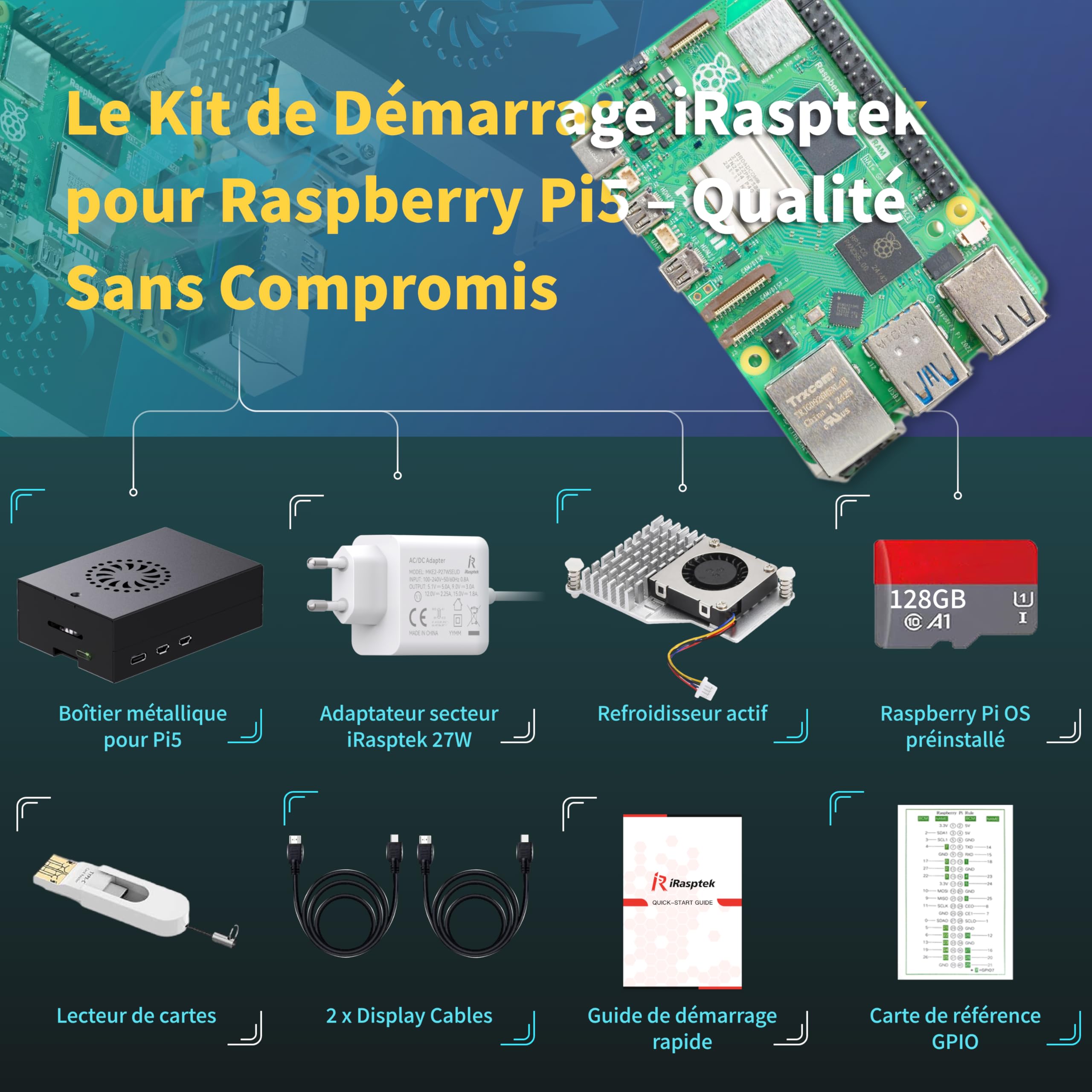 iRasptek Starter Kit for Raspberry Pi 5 16Go - Édition OS-Bookworm de 128Go préinstallée (boîtier Aluminium)