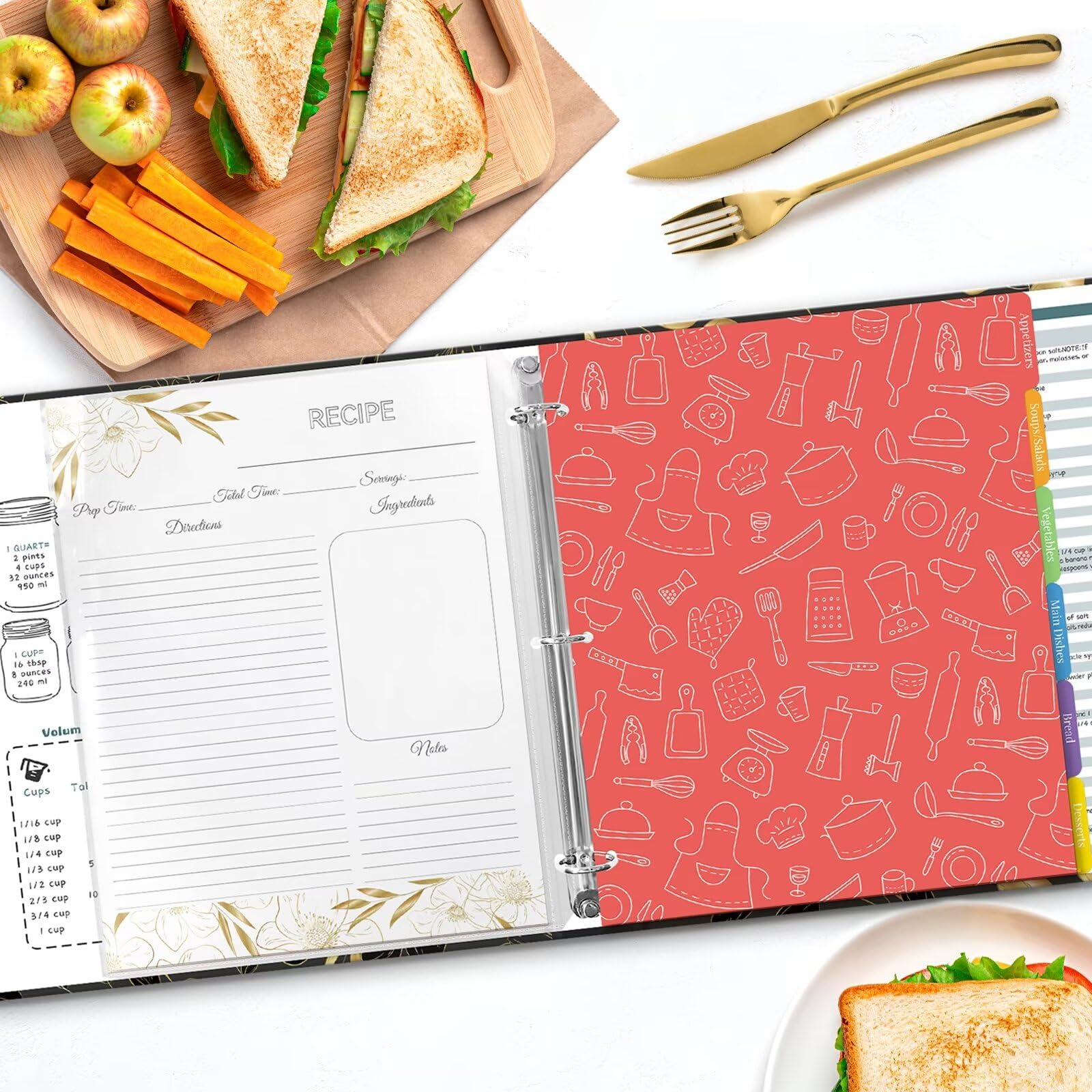 Raccoglitore per ricette, 8,5 x 11 cm, 3 anelli, libro di ricette da scrivere nelle proprie ricette, organizer per ricette con carte, maniche e divisori, raccoglitore per ricette a pagina intera