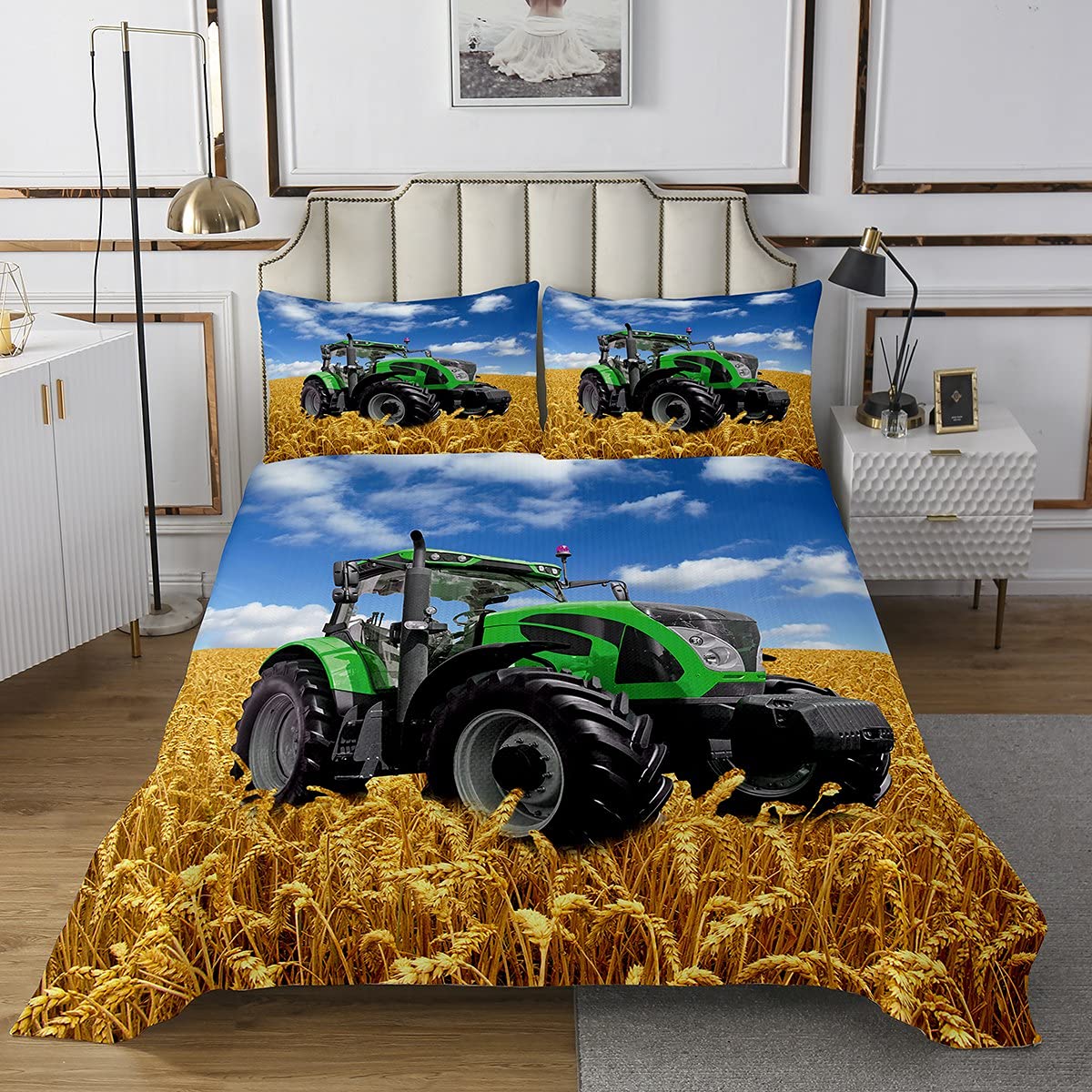 Wheatfield Combine Copriletto Trapuntato per Trattore per Ragazzi - Blu Verde Oro 100% Microfibra Trapunta Fattorie 170X230cm