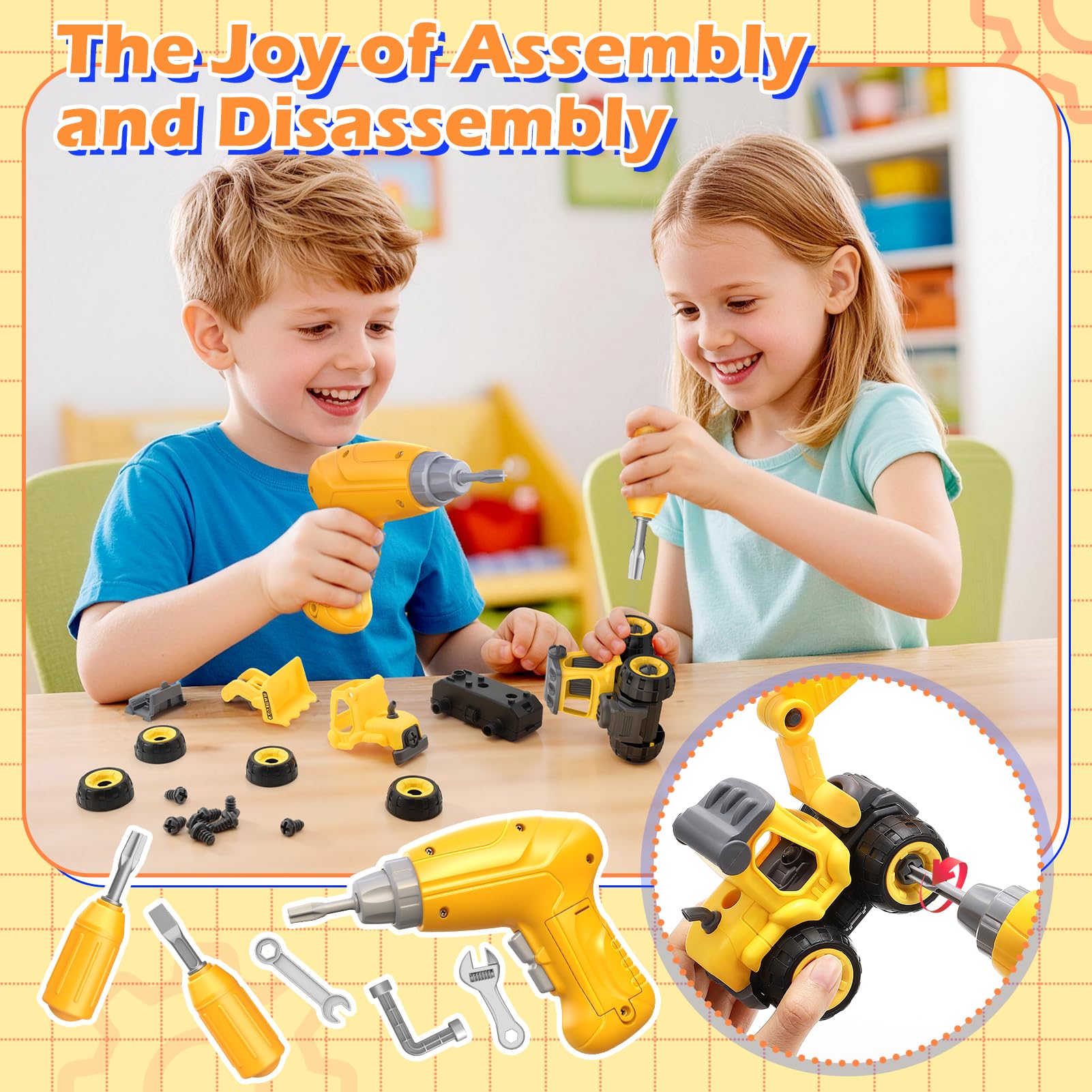 Naxudcoo Établi à outils pliable pour enfants avec perceuse électrique et véhicule de chantier démontable, jouet pour enfants à partir de 3 ans, cadeaux pour garçons de 3, 4, 5 ans