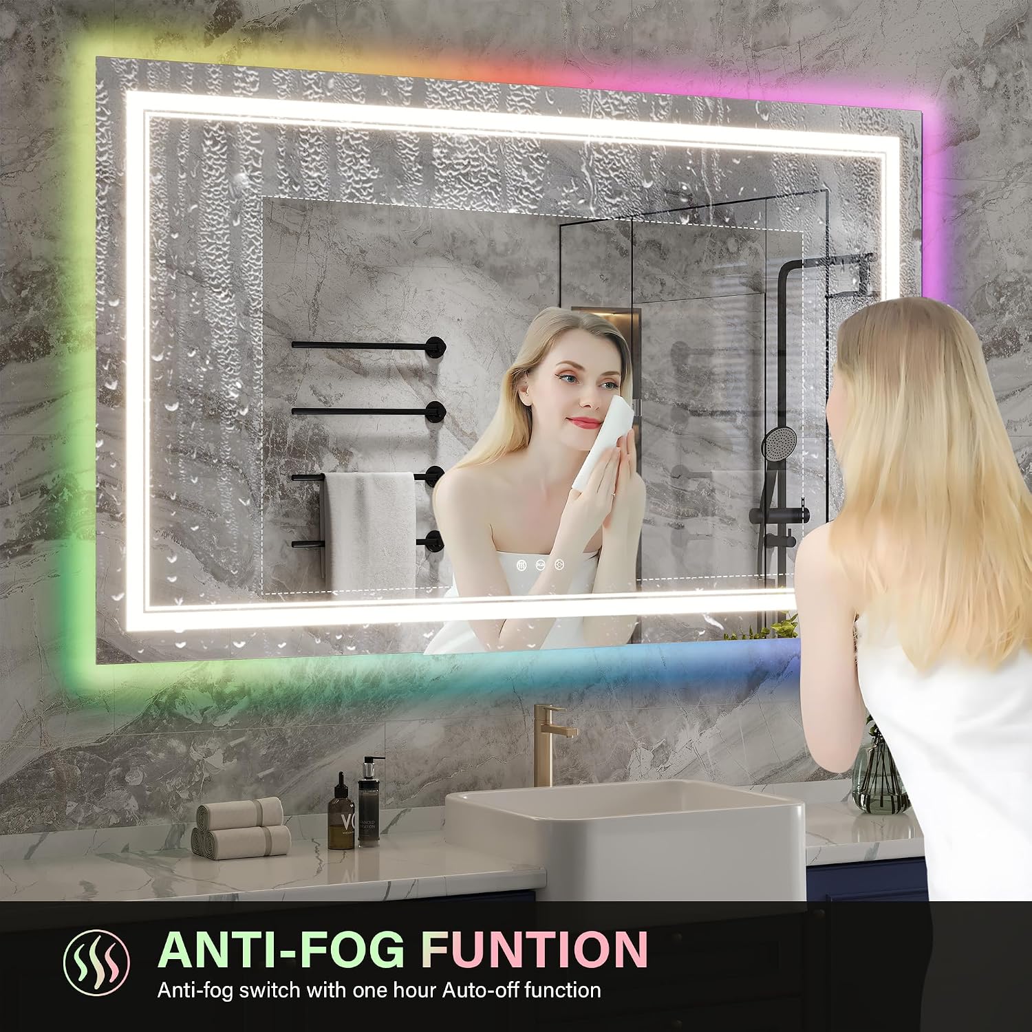 GarveeHome 60X28 RGB LED Bathroom Mirror with Front and Backlit Lighting, Dimmable 3-Color Vanity Mirror with Anti-Fog Function, Memory Feature, Shatter-Proof Design, IP54 Waterproof