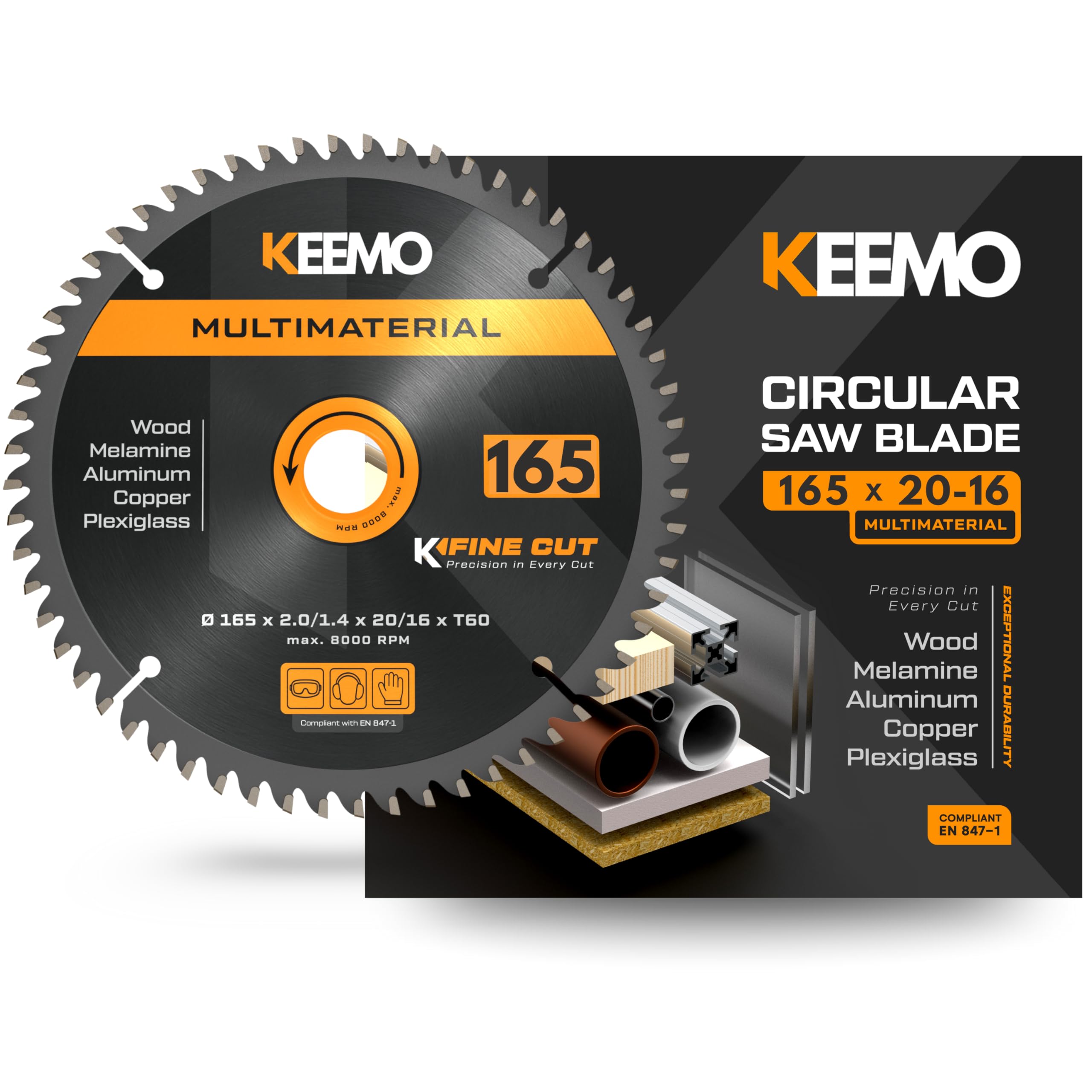 KEEMO Hoja Sierra Circular 165mm | Multimaterial | Corte Fino 2,0mm | Silenciosa & Antivibración | Madera, Laminados, PVC, Plásticos, Aluminio Fino | Aro 20→16mm Incluido