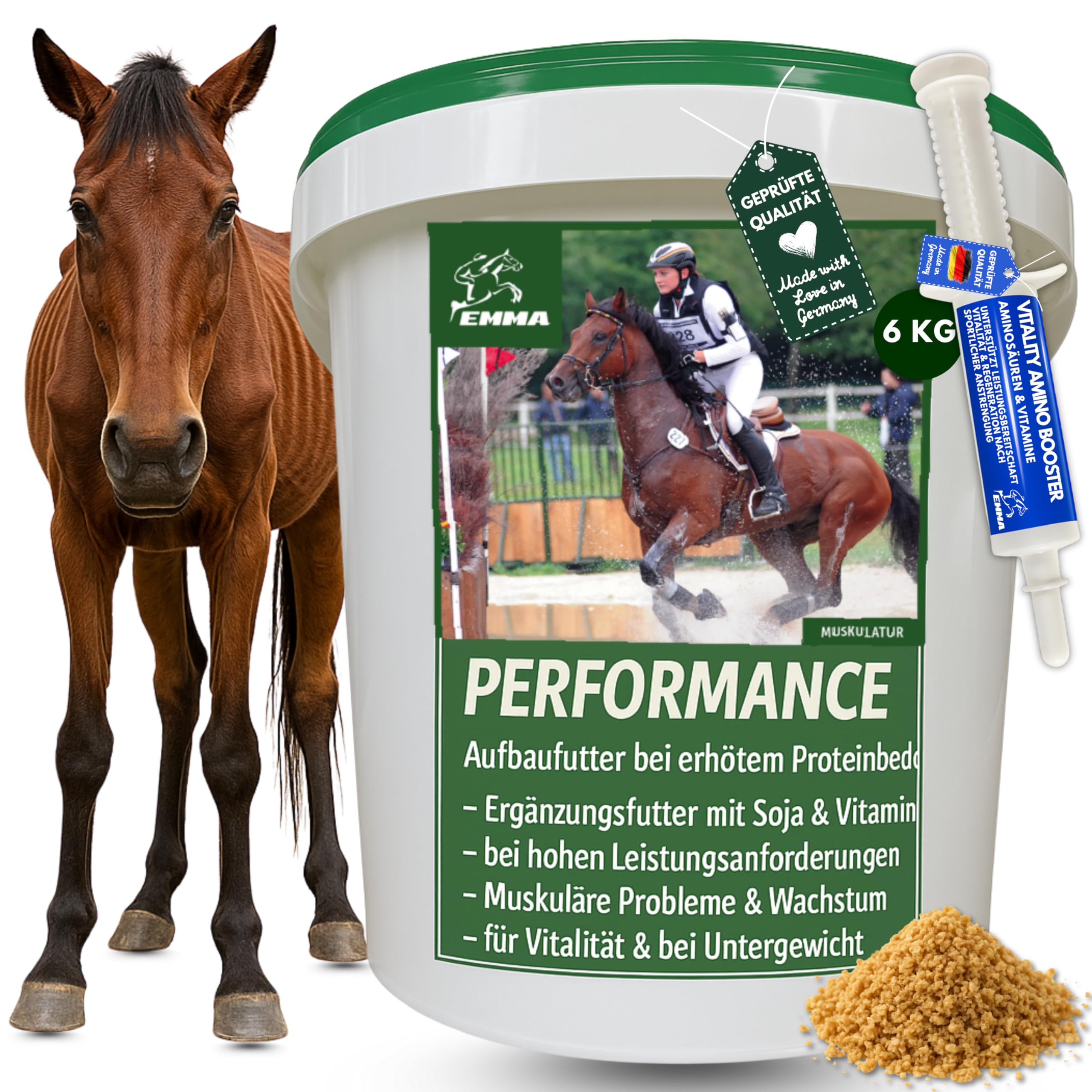 Pienso para Caballos + Amino Booster 6Kg 30ml Polvo para Aumentar la Musculatura de los Caballos + Grist de extracción de Soja I Vitamina E Selenio Biotina Zinc I Muscle Plus - Proteína Musculatura