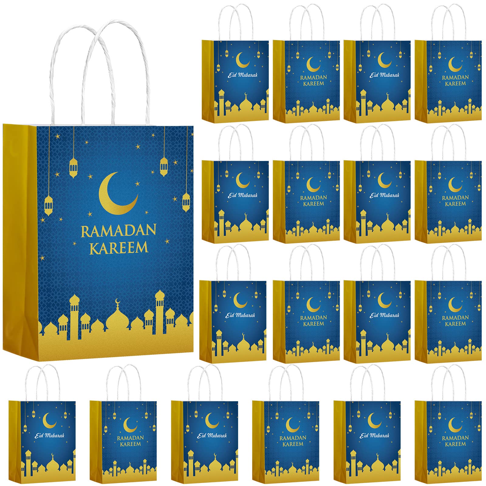 Sinmoe 18 Pcs Eid Mubarak Paper Gift Bags with Handle, Ramadan Mubarak Goodies Paper Treat Bags for Gifts Wrapping Muslim Ramadan Party Supplies, 8.7 x 6.3 x 3.1 Inches